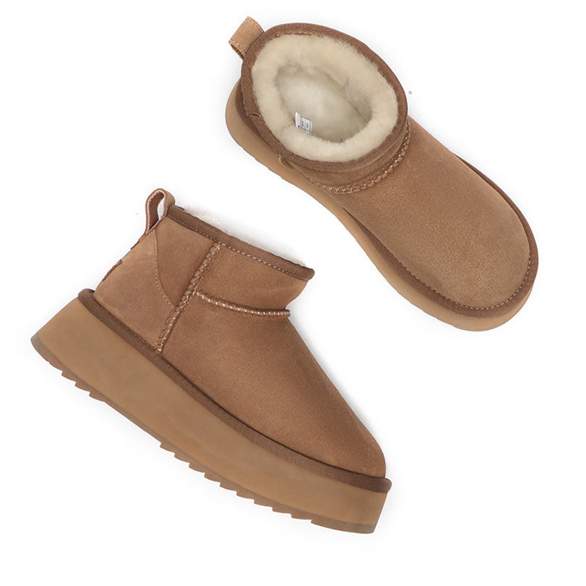Close-up of EverUgg Premium Ultra Mini Platform UGG Boots featuring a cozy suede exterior and rugged outsole.