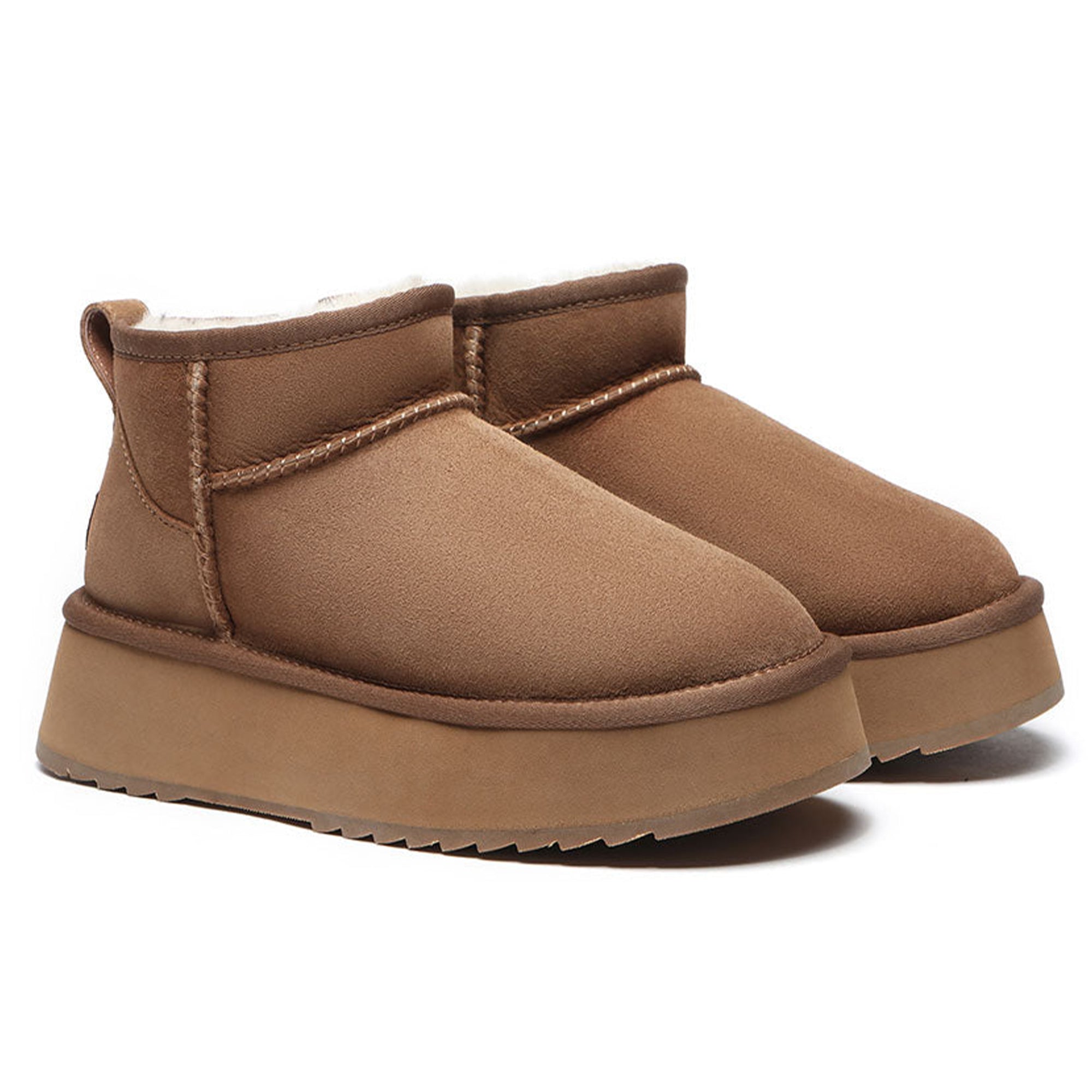 EverUgg Premium Ultra Mini Platform UGG Boots in soft suede with chunky sole and ankle height, stylish and cozy footwear.