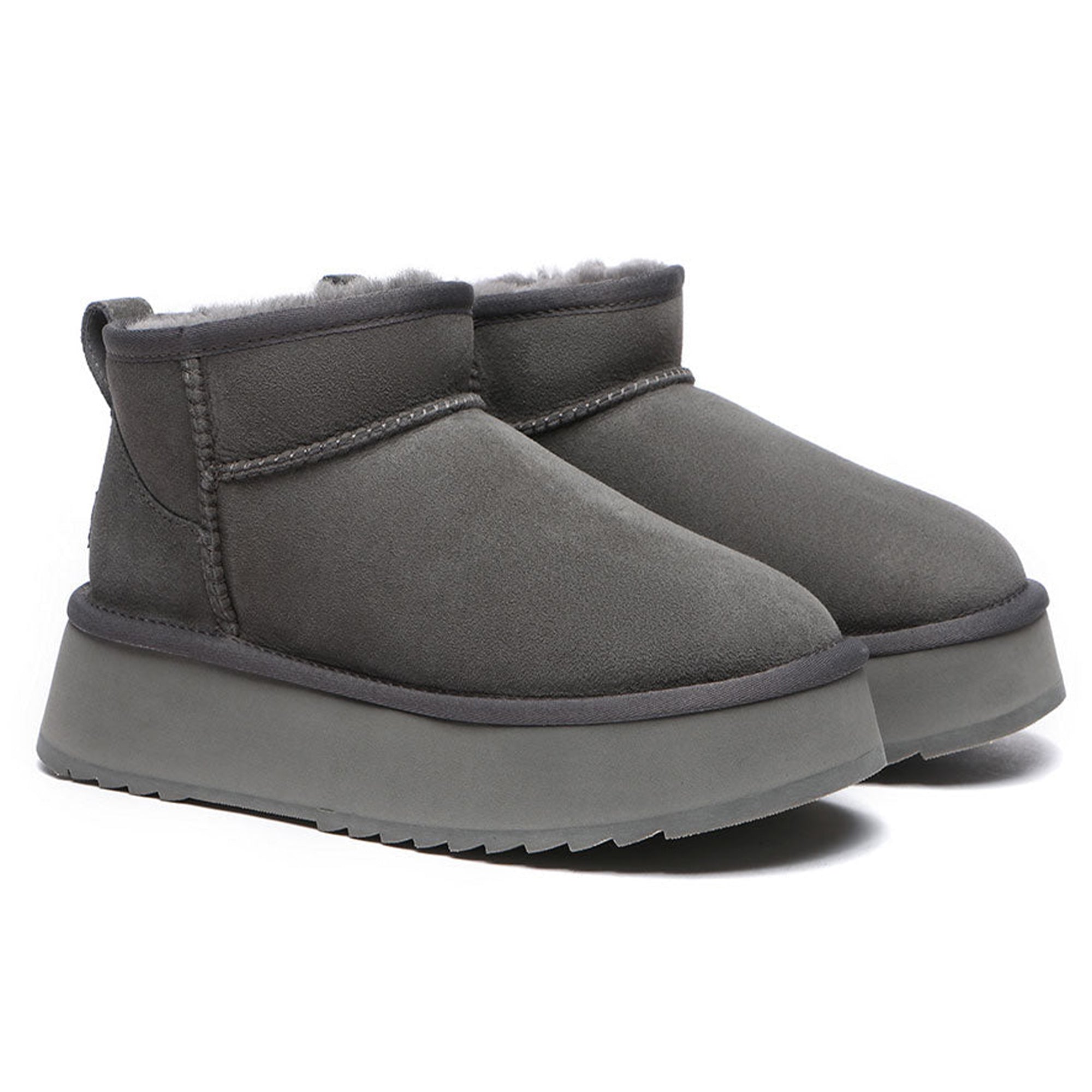 Close-up of EverUgg Premium Ultra Mini Platform UGG Boots showing beige suede material and chunky rubber sole.