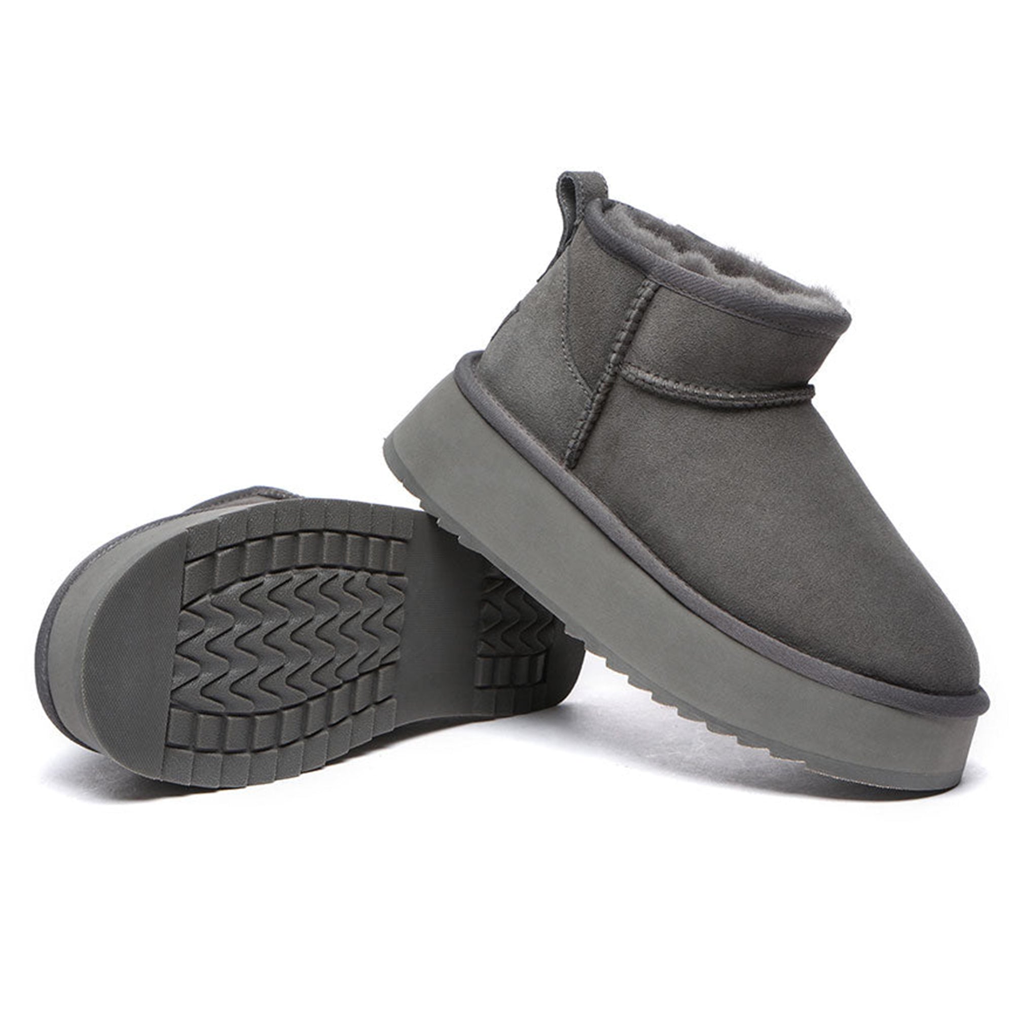 EverUgg premium ultra mini platform UGG boots in neutral color, showcasing their stylish design and cozy fur lining.