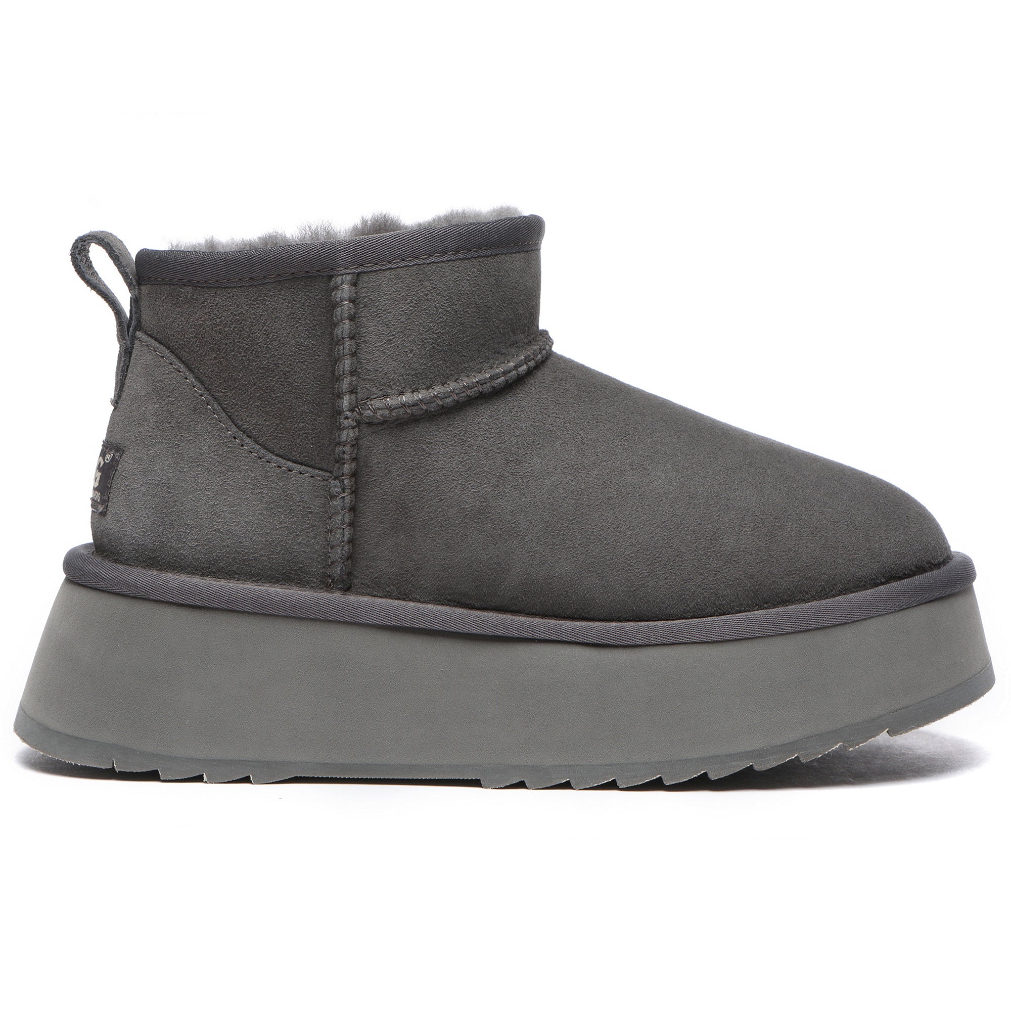 Gray EverUgg Premium Ultra Mini Platform UGG Boots with a cozy fur lining and sleek design.