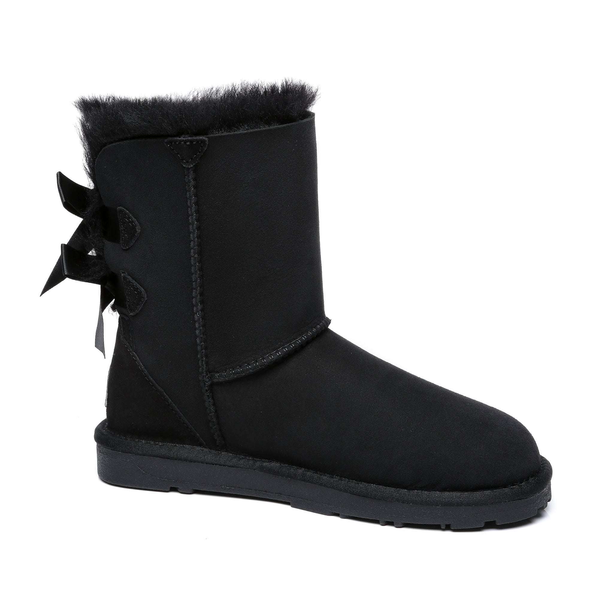 Black EverUgg short double bow women's UGG boots with stylish bows on the front, made of soft, cozy material.