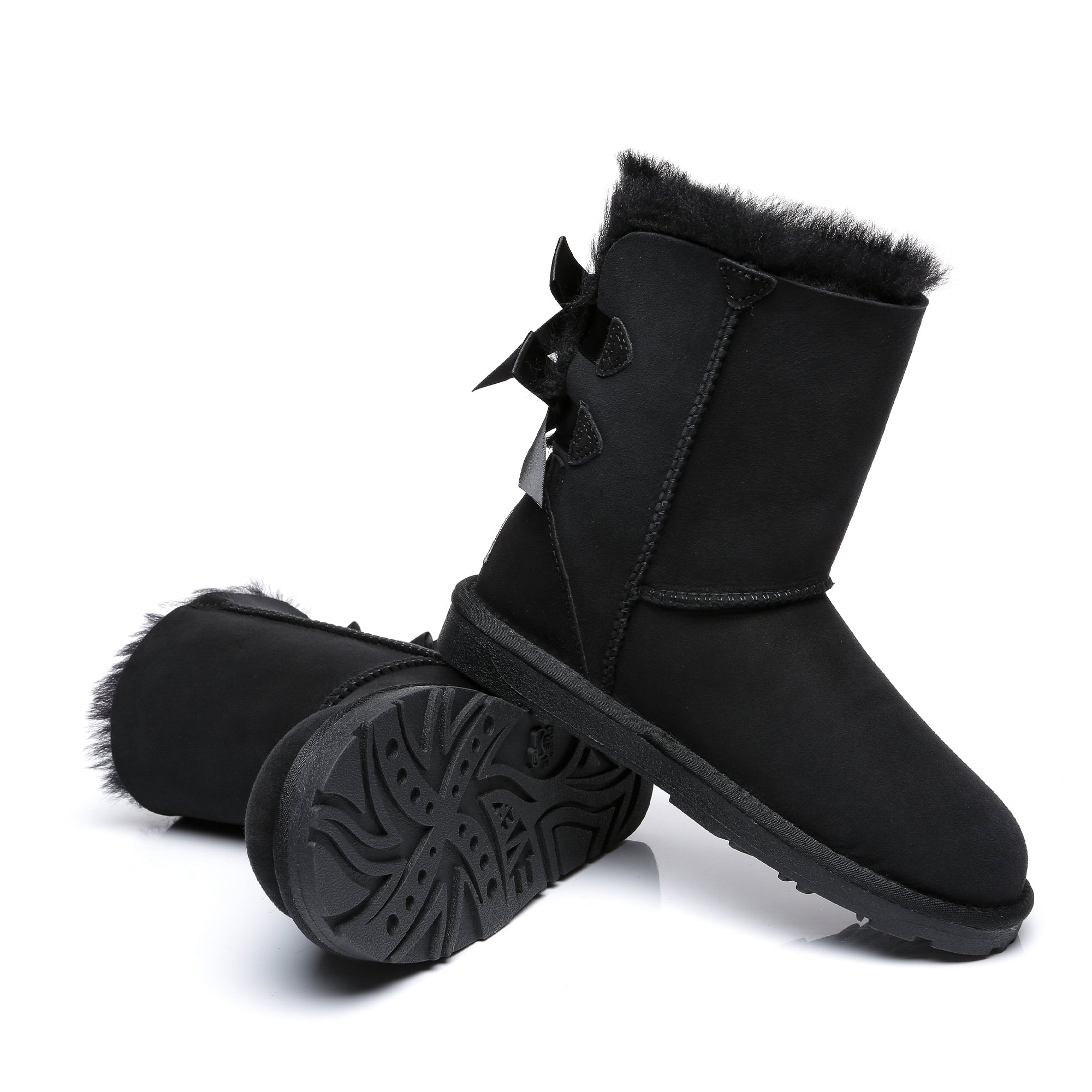 Black EverUgg short double bow women’s UGG boots with decorative bows and cozy plush interior, stylish footwear for women.