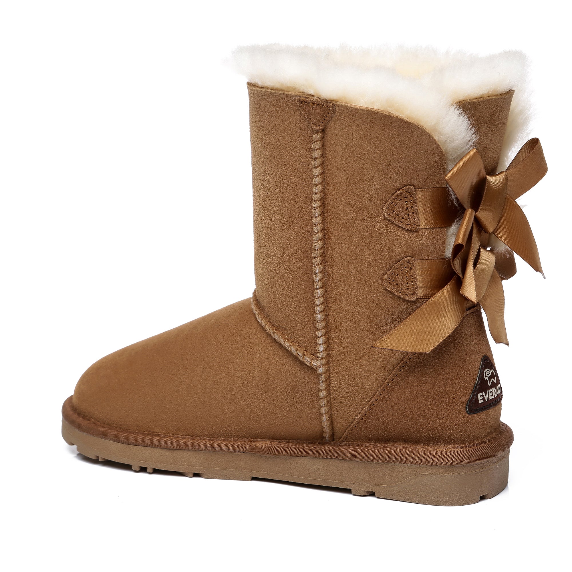 Chestnut EverUgg Short Double Bow Women’s UGG Boots with stylish double bow detail on the front.