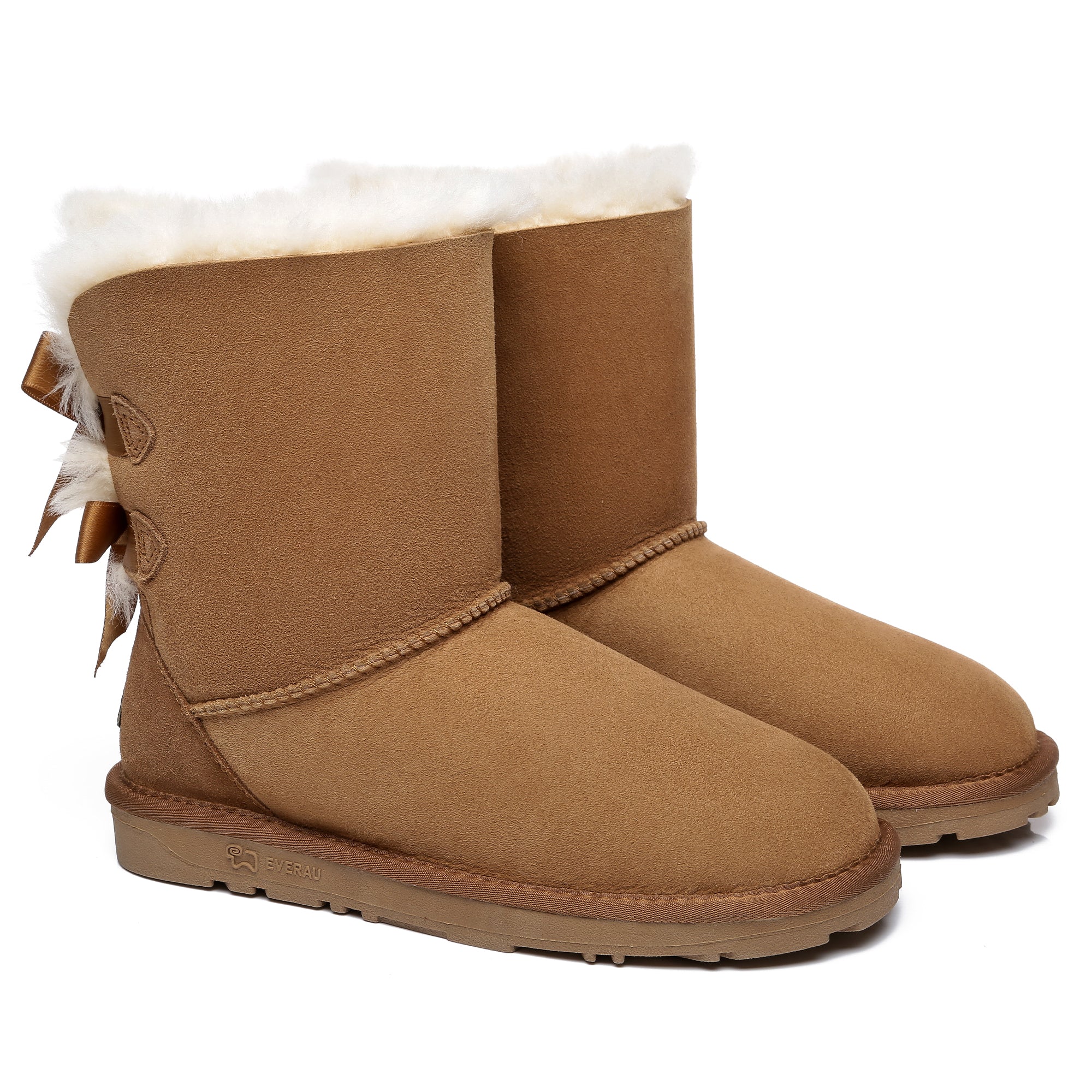 Chestnut EverUgg short double bow women’s UGG boots with cozy shearling lining and stylish double bow details.