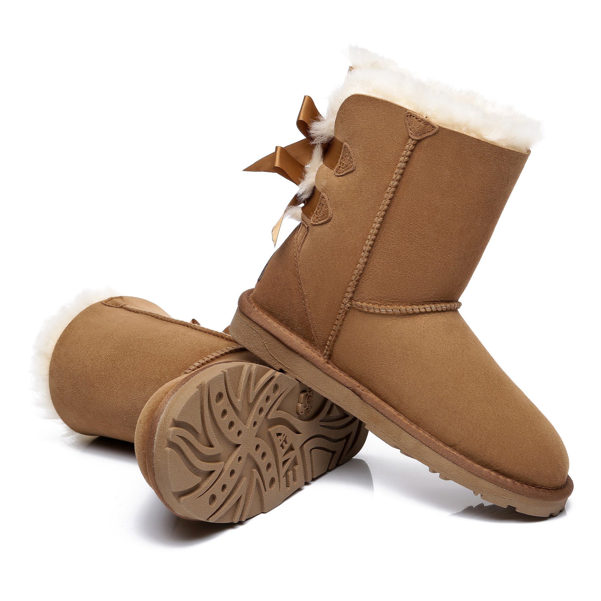 Chestnut EverUgg Short Double Bow Women’s fashion UGG boots with double bow detail on the front, cozy and stylish footwear.