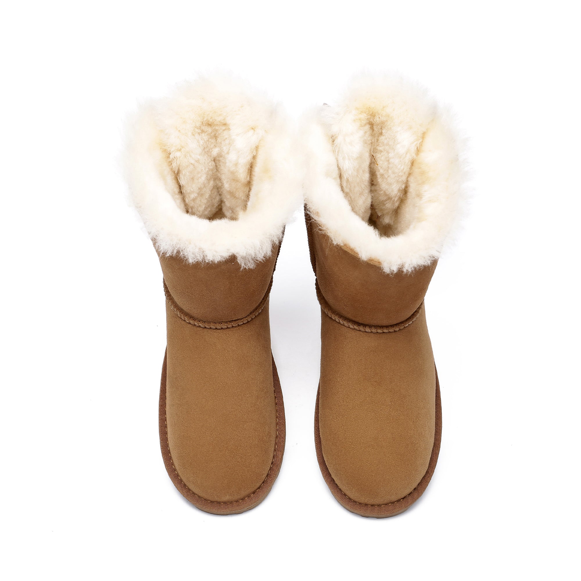Chestnut EverUgg Short Double Bow Women’s UGG Boots featuring stylish double bows and cozy sheepskin lining.