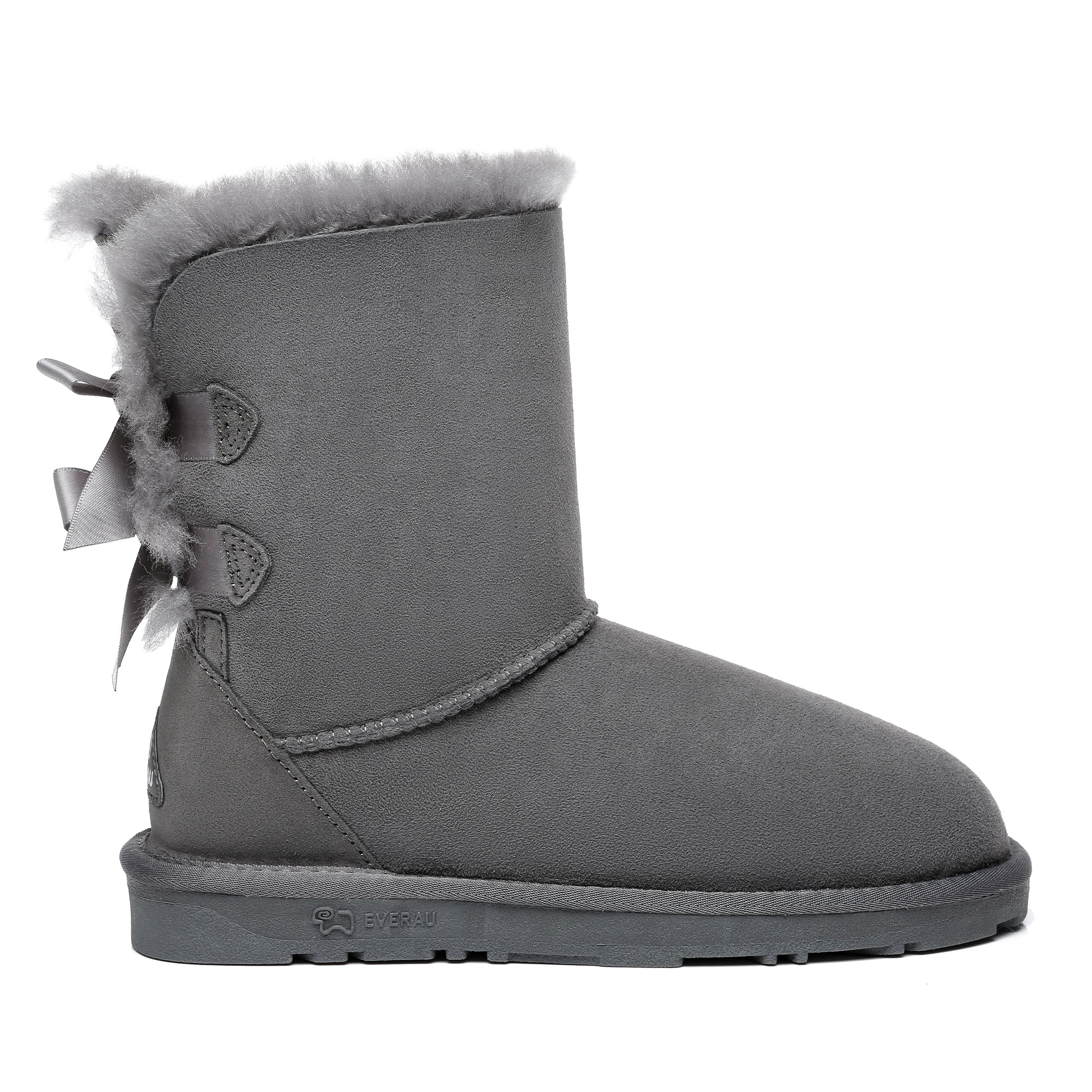 Grey EverUgg short double bow women’s UGG boots with stylish design and cozy sheepskin lining.