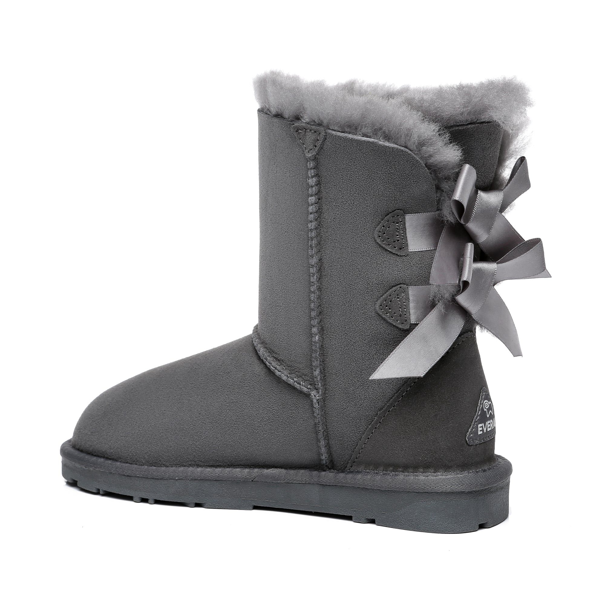 Grey EverUgg Short Double Bow women's UGG boots with stylish double bow accents and cozy sheepskin lining.