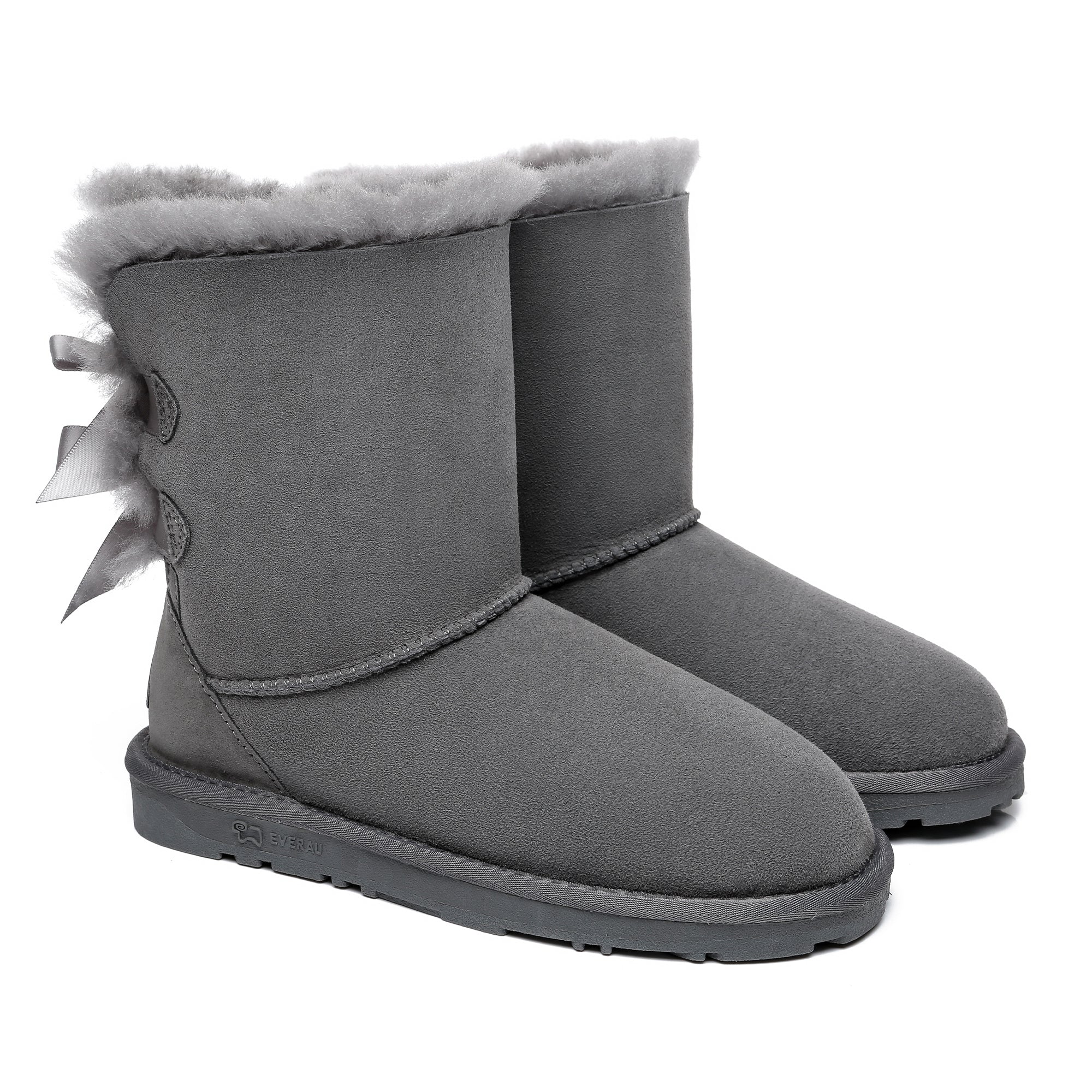 Grey EverUgg short double bow women's UGG boots with stylish design and cozy sheepskin lining.