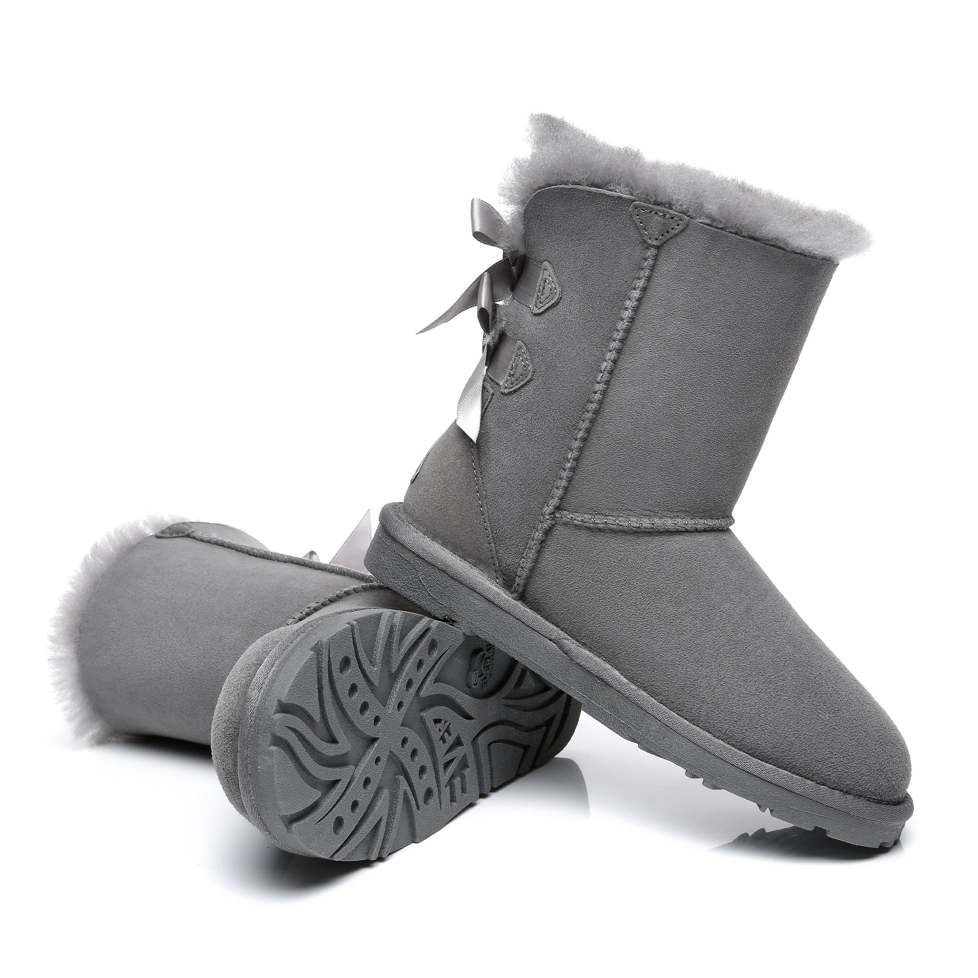 Grey EverUgg short double bow women's UGG boots with stylish bow accents and cozy sheepskin lining.