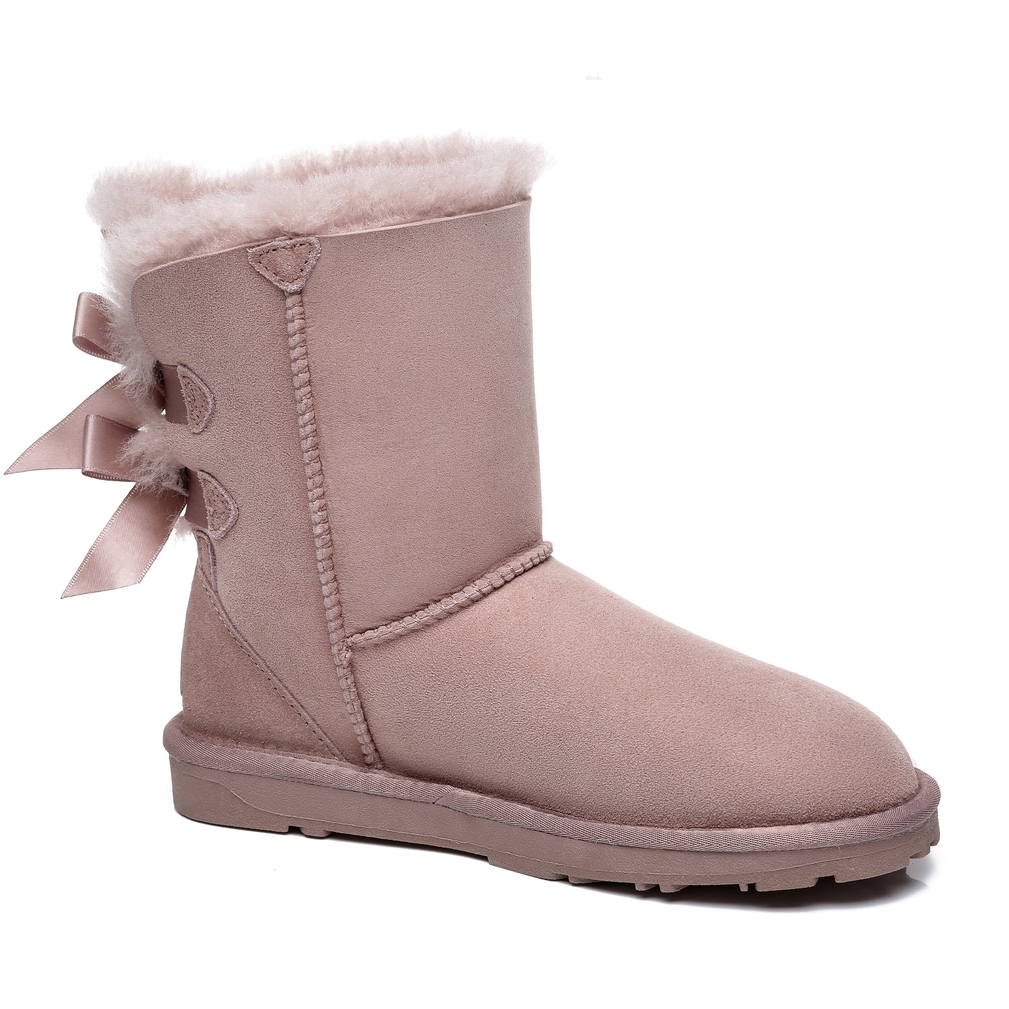 Pink EverUgg short double bow women's UGG boots featuring stylish bows and cozy sheepskin interior.