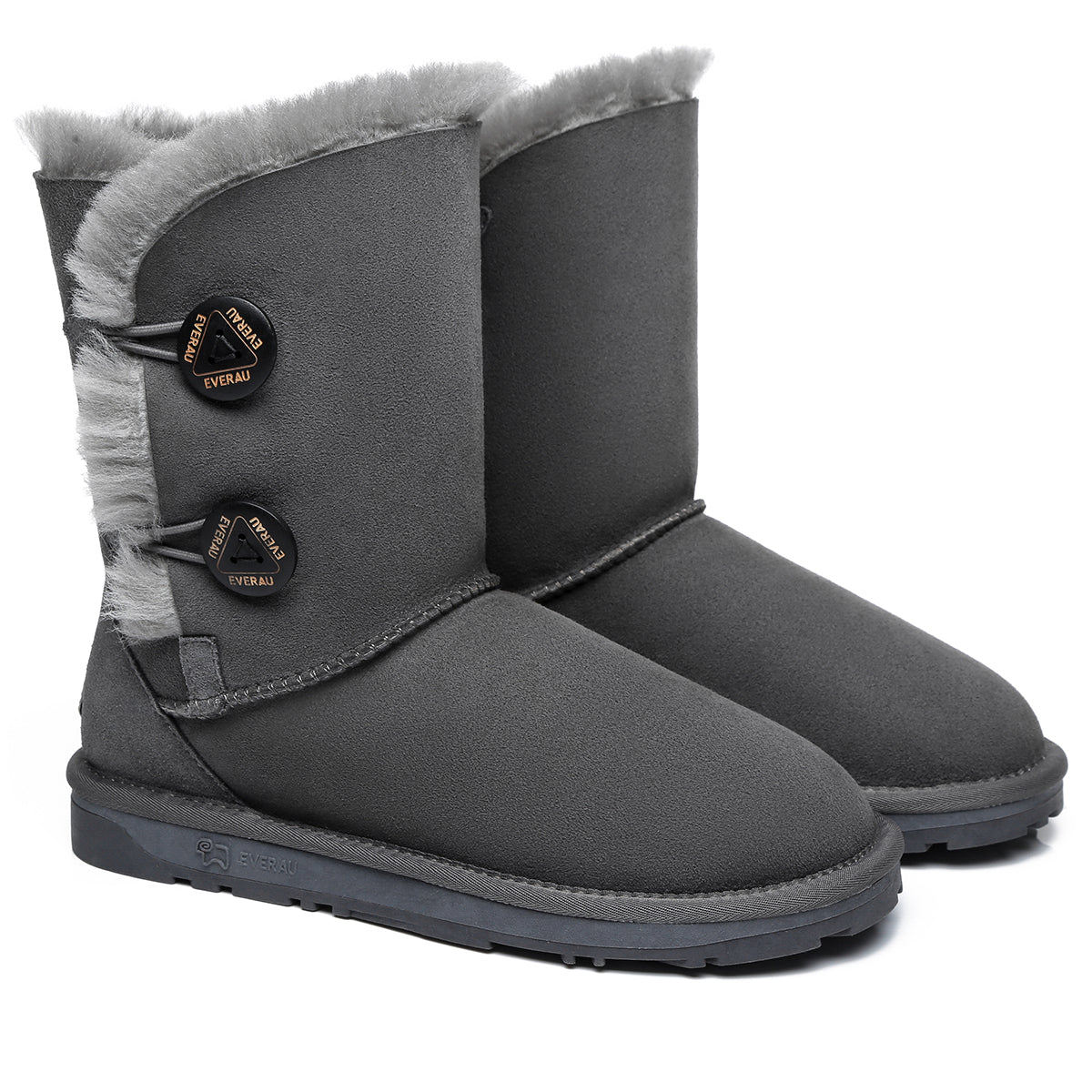 Grey Short Twin Button UGG Boots for women by EverUgg, showcasing cozy sheepskin lining and classic button details.