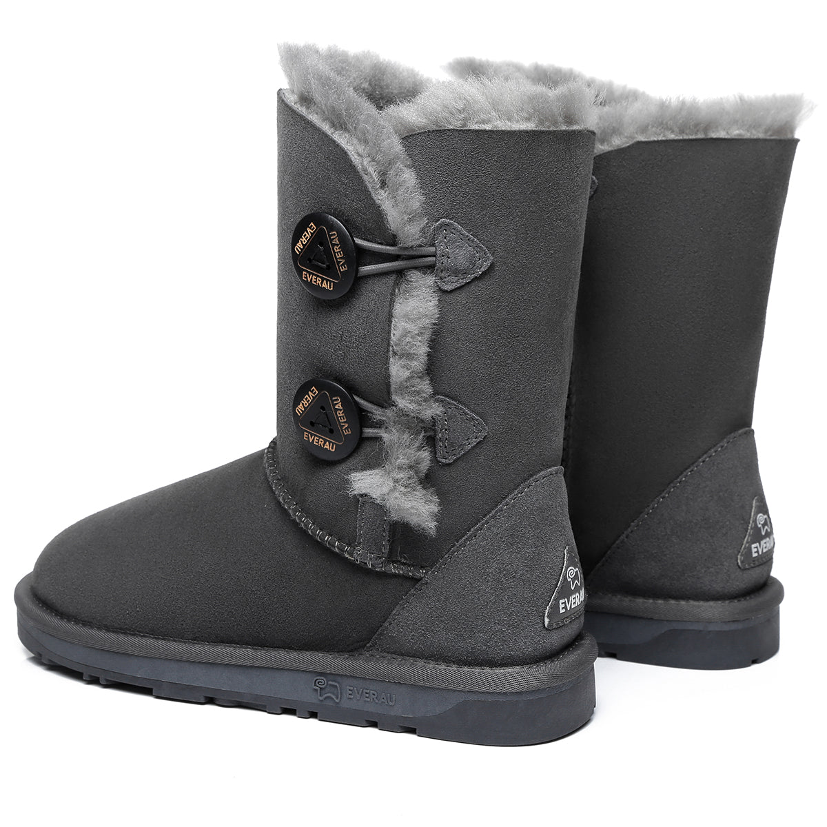 Gray EverUgg Short Twin Button Women's Classic UGG Boots with button details and plush interior, side view.