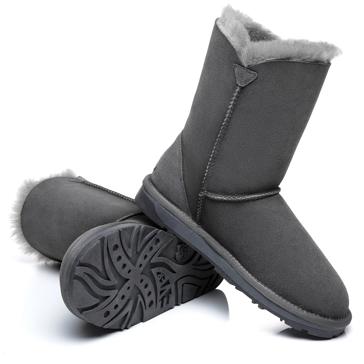 Grey EverUgg Short Twin Button Women’s UGG Boots with button accents and cozy sheepskin lining, stylishly displayed from the side.