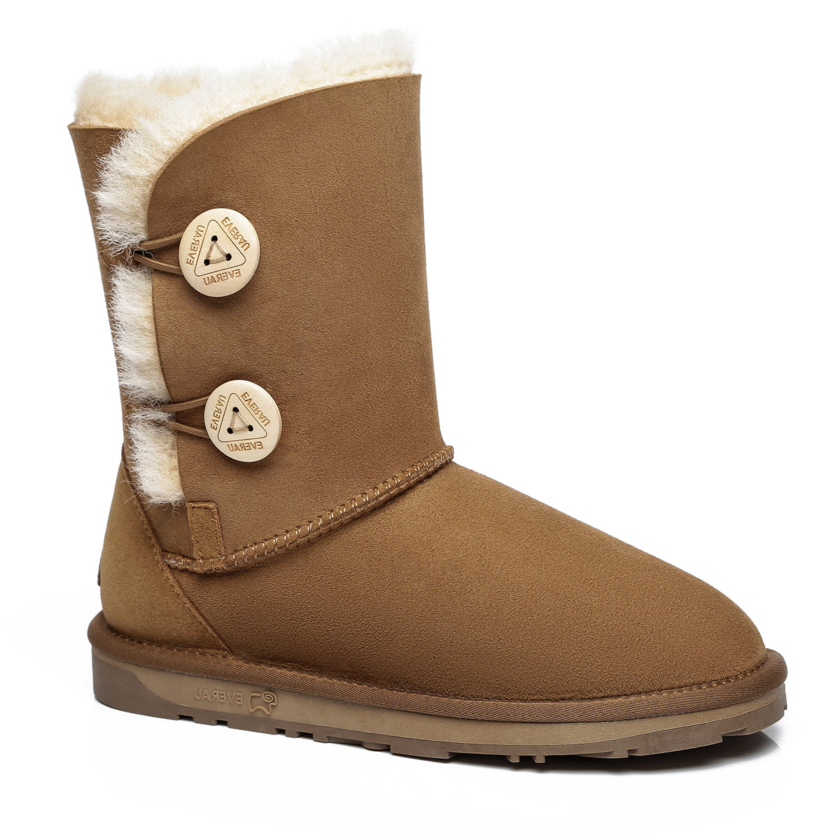 EverUgg short twin-button women's UGG boots in chestnut color, showcasing classic cozy design and button details.