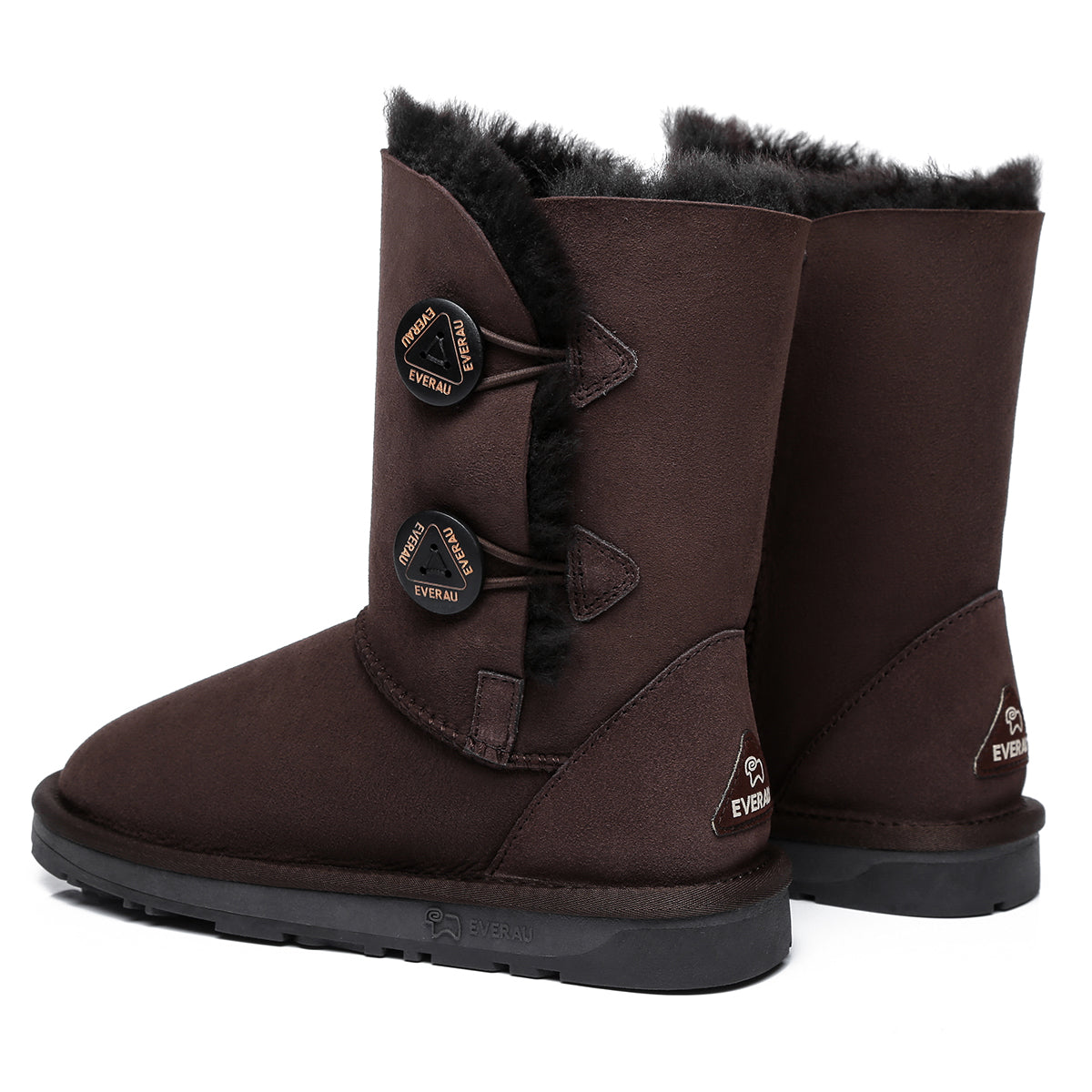 Chocolate short twin-button UGG boots for women by EverUgg, featuring classic design and cozy shearling lining.
