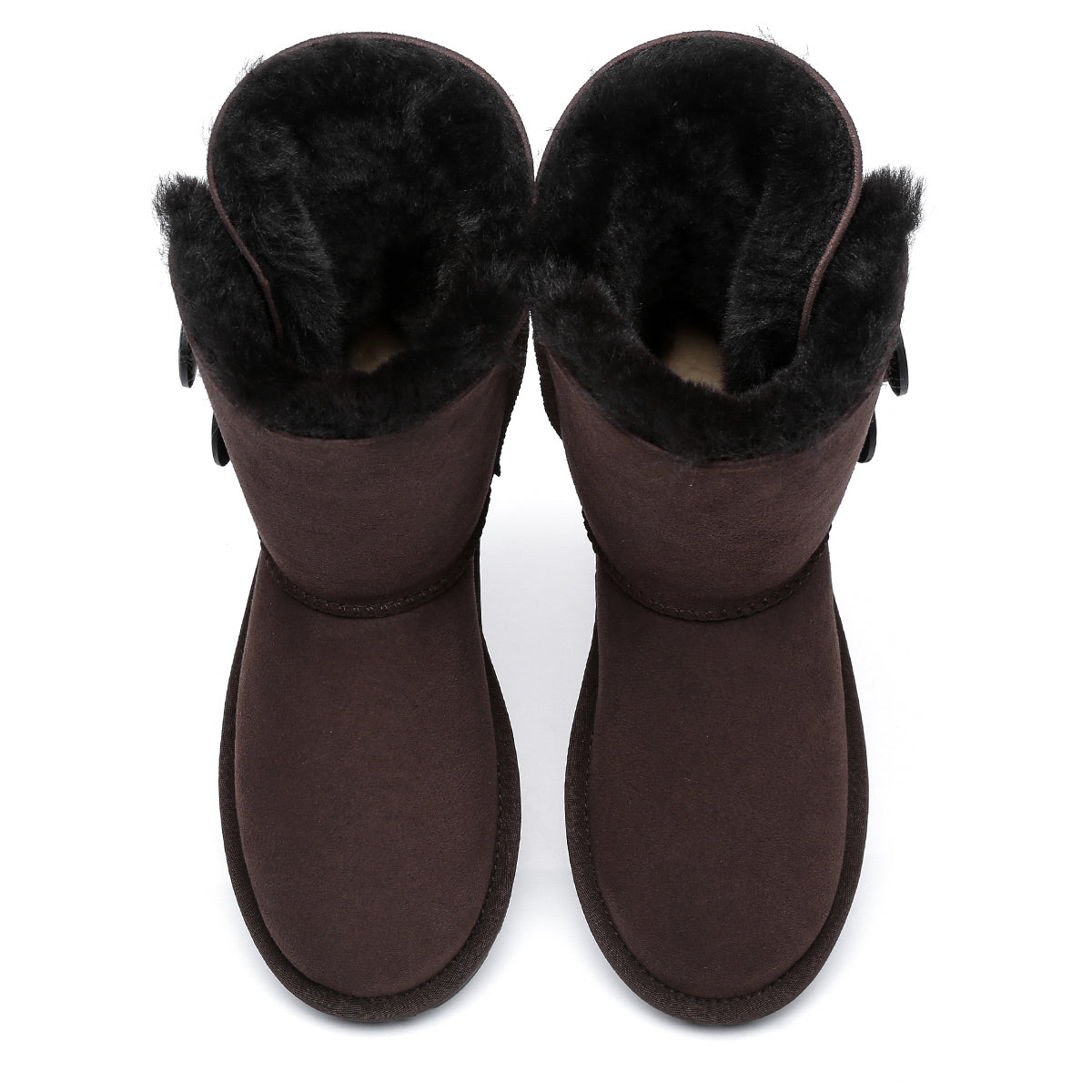 EverUgg short twin-button women’s classic UGG boots in chocolate with button accents and cozy sheepskin lining.