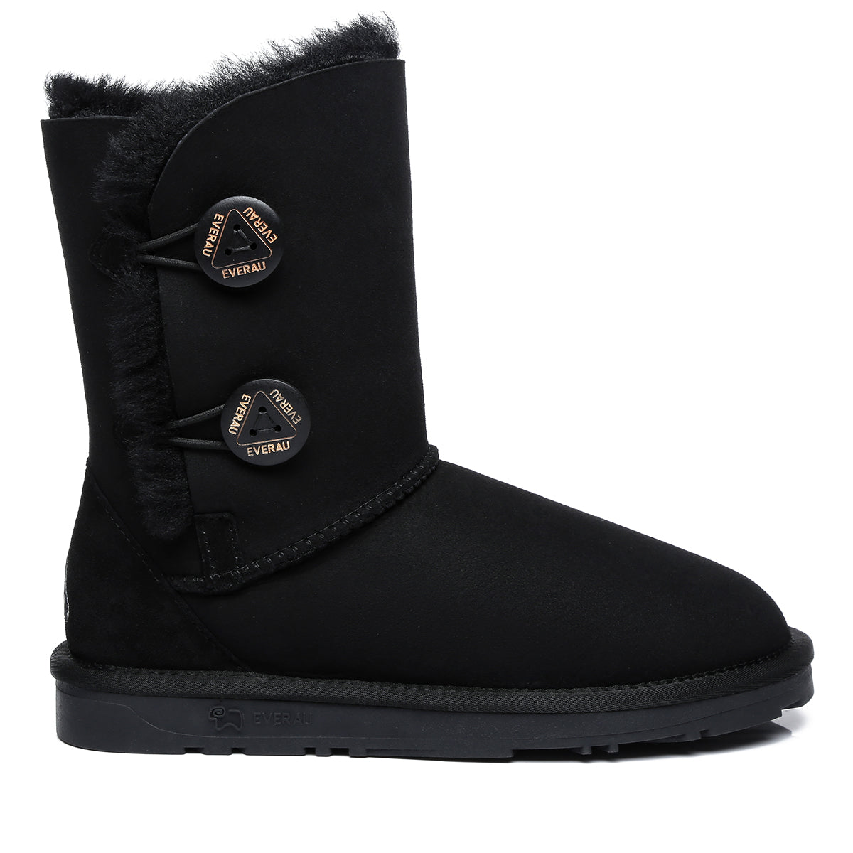 Black EverUgg short twin-button women's UGG boots with classic design and cozy shearling lining, displayed on a plain background.