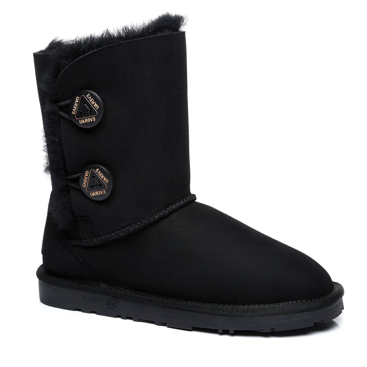 Black EverUgg short twin button women's UGG boots with classic design and plush interior, shown from the side view.