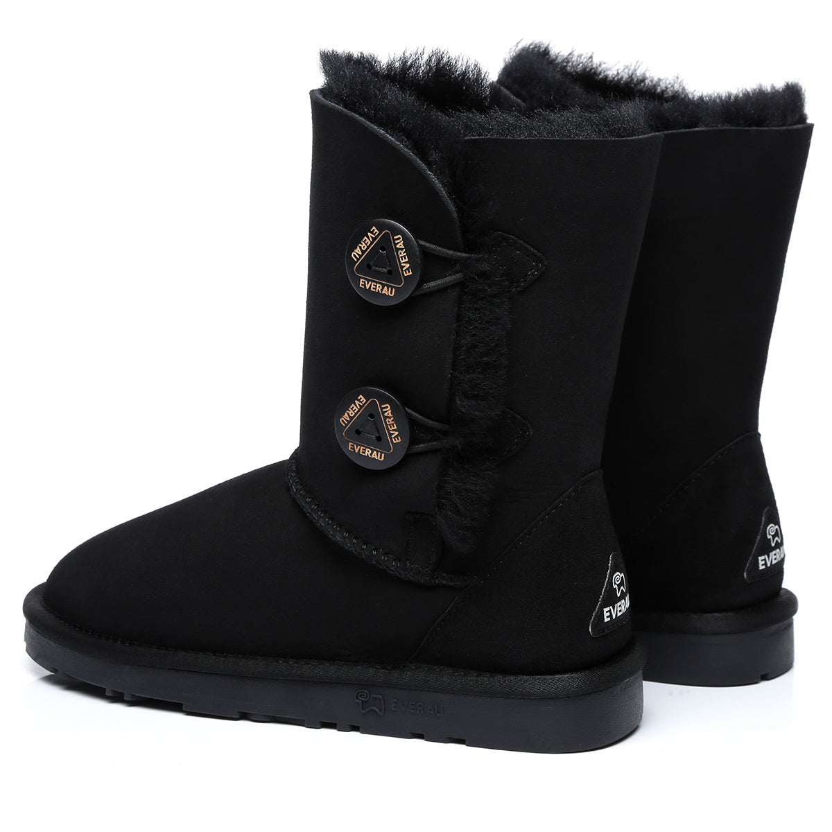 Black EverUgg short twin-button women’s UGG boots with classic design and cozy sheepskin lining.
