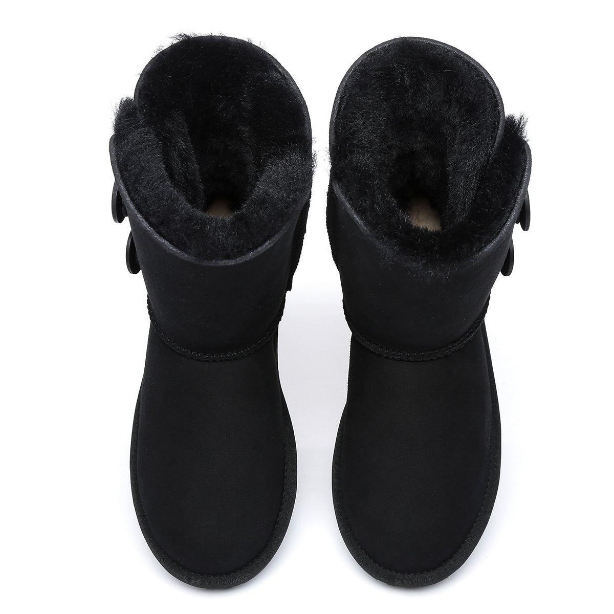 Black EverUgg short twin button women's UGG boots with classic design and cozy shearling lining, shown from the side.