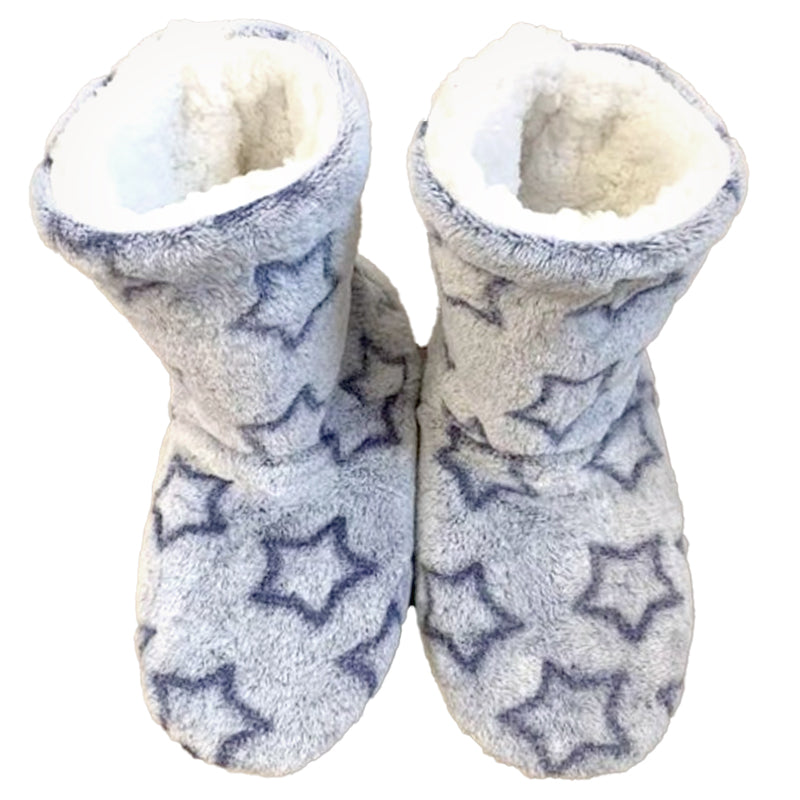 Blue Snuggyz home booties with star pattern, soft and cozy footwear for indoor comfort.