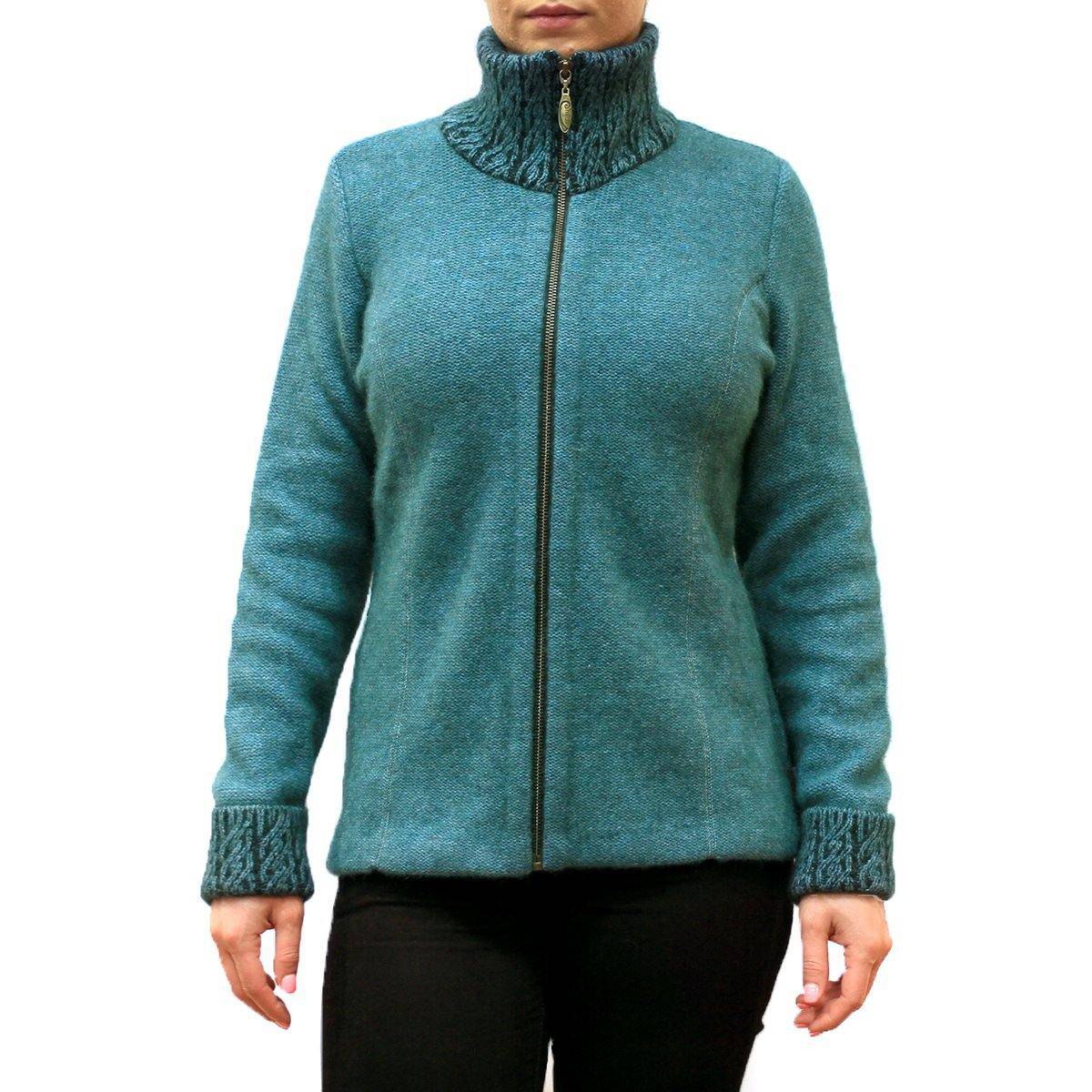 Koru Two-Tone Possum Merino Jacket in Lagoon and Black, featuring knitwear design with a cozy, stylish two-tone pattern.