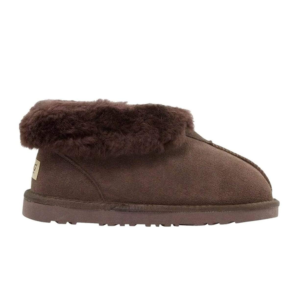 Auzland UGG Classic Ankle Slipper in chocolate brown, cozy shoes with soft sheepskin lining and slip-on design.