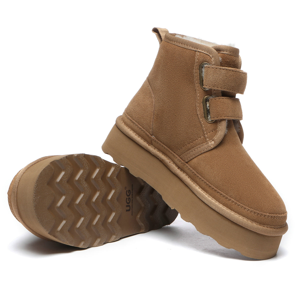 EverUgg UGG Dylan Platform Boots showing tan leather uppers, chunky soles, and ankle height with laces and stitching details.