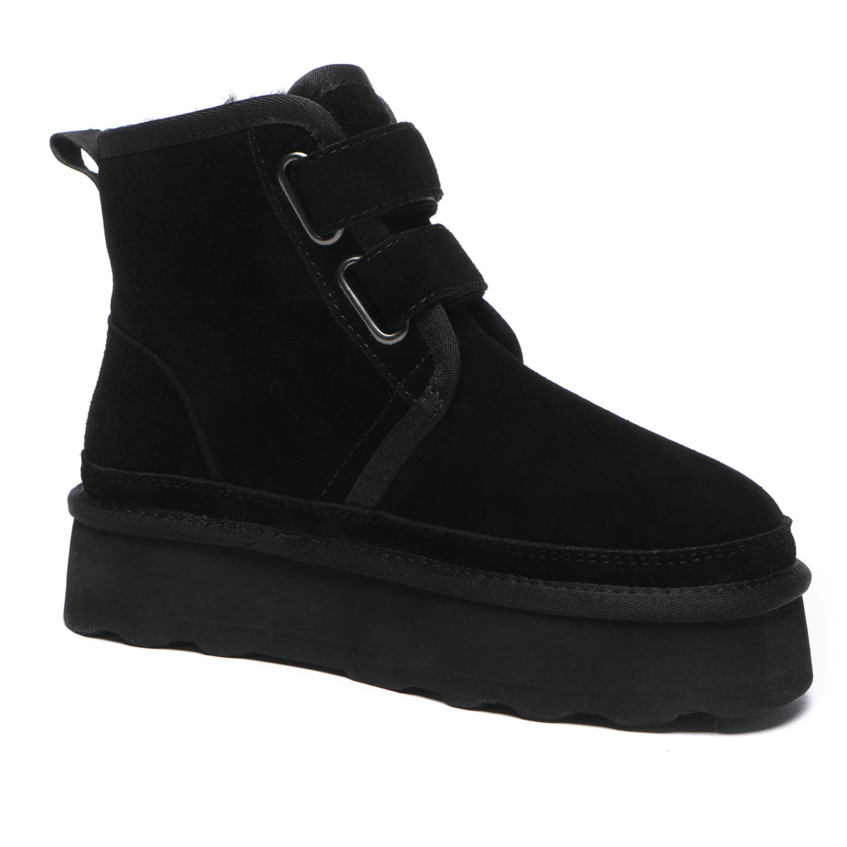 Black EverUgg Dylan Platform Boots with chunky soles and ankle height, featuring a sleek leather finish.