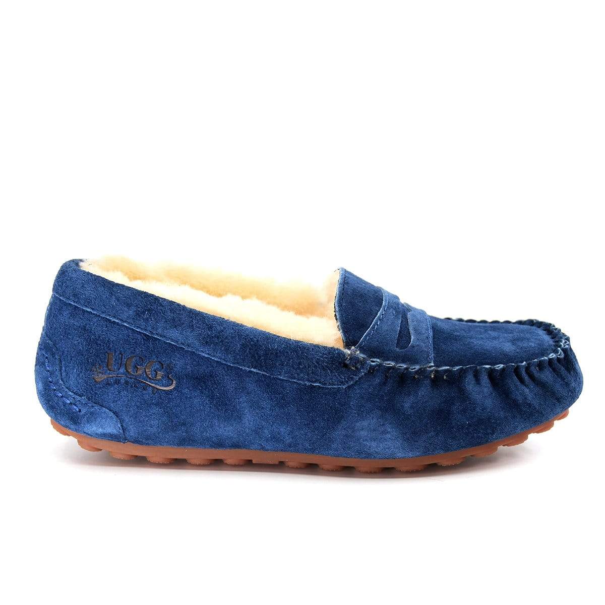 Navy UGG flats moccasin for women, slip-on slippers with soft interior and classic design, by AuSnow.