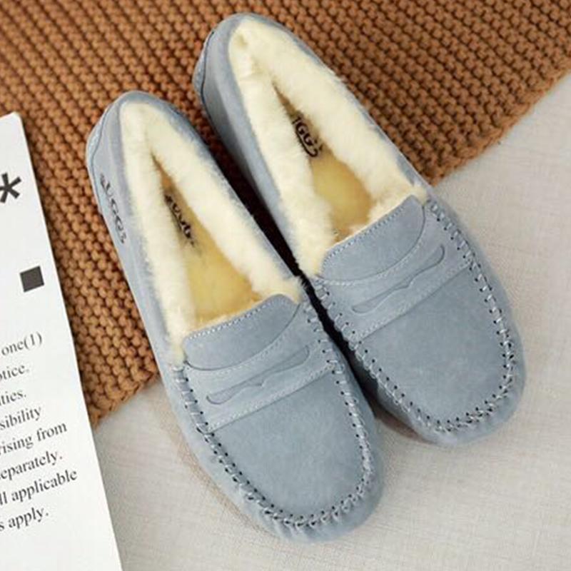 AuSnow UGG flats moccasin shoes for women, featuring a soft slip-on design with stitching details and a comfortable sole.