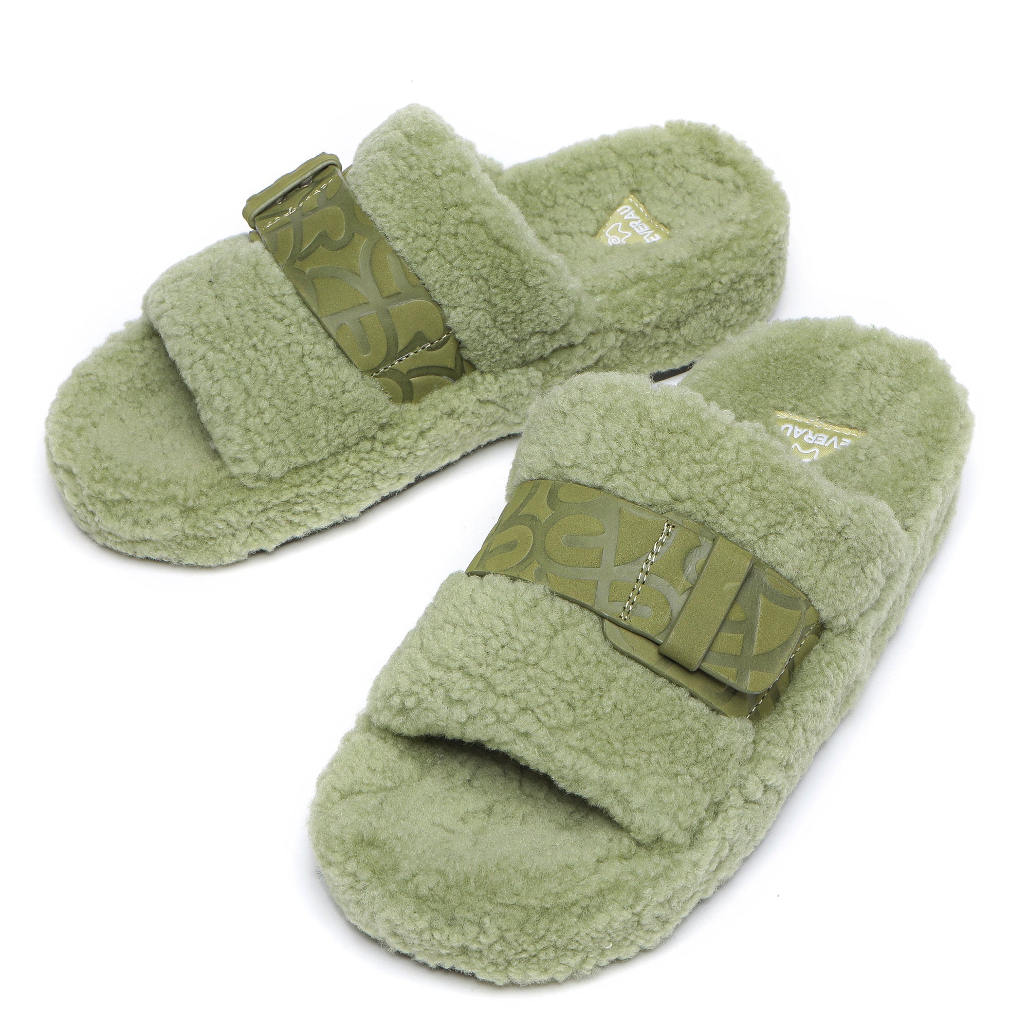EverUgg UGG Georgie Sheepskin Wool Slides for women, close-up of soft sheepskin wool slippers with open-toe design.
