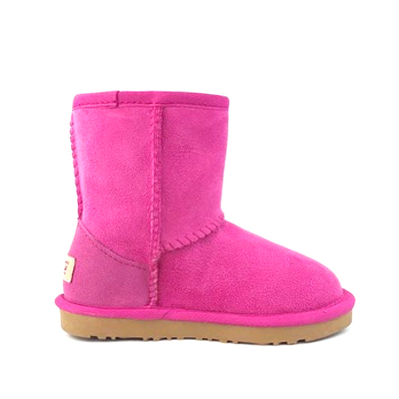 Pink UGG Kids Short Classic Boots by Auzland, cozy sheepskin-lined shoes for children with a soft, stylish design.