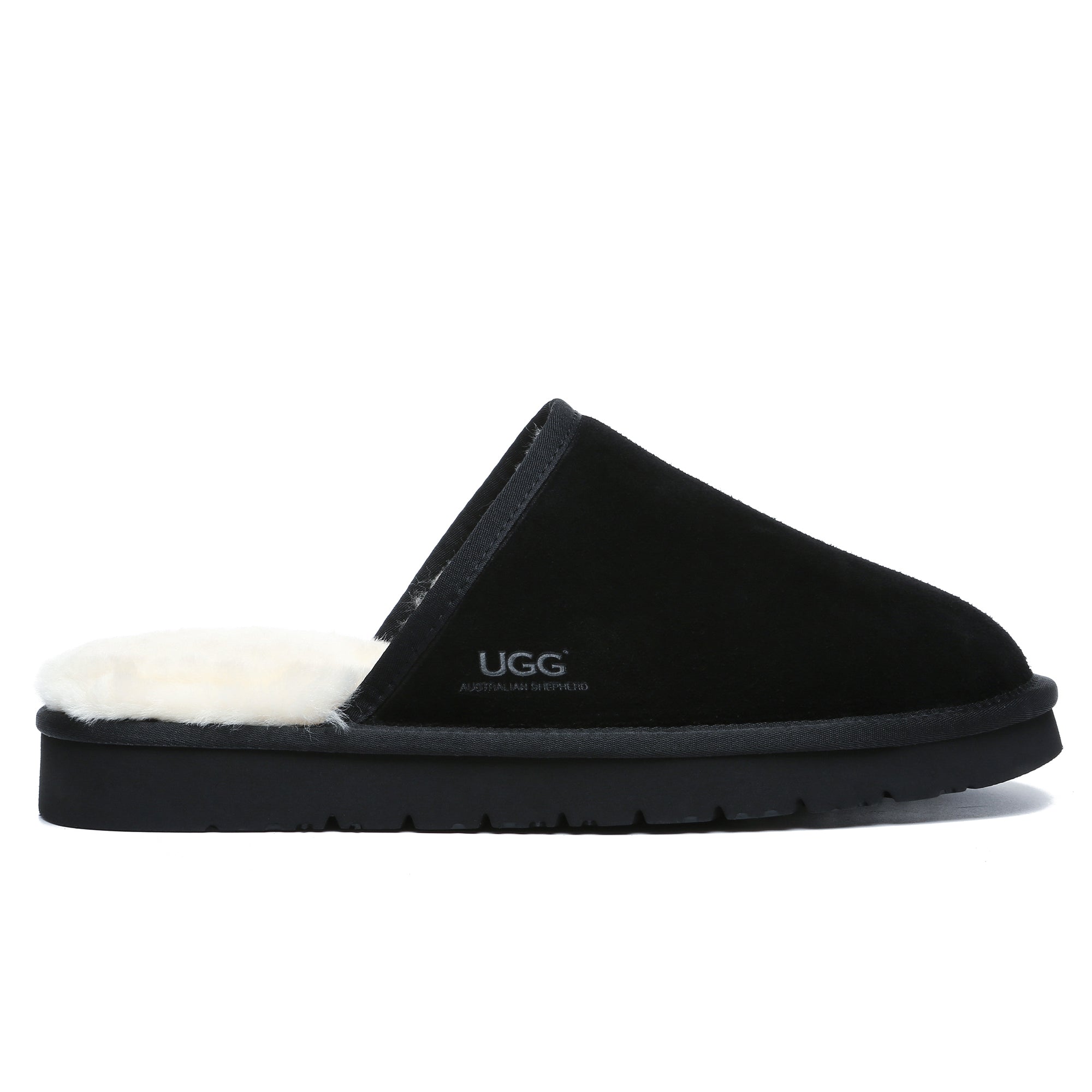 Black UGG men's slippers with ultra comfort sole, stylish slip-on shoes designed for cozy indoor wear.