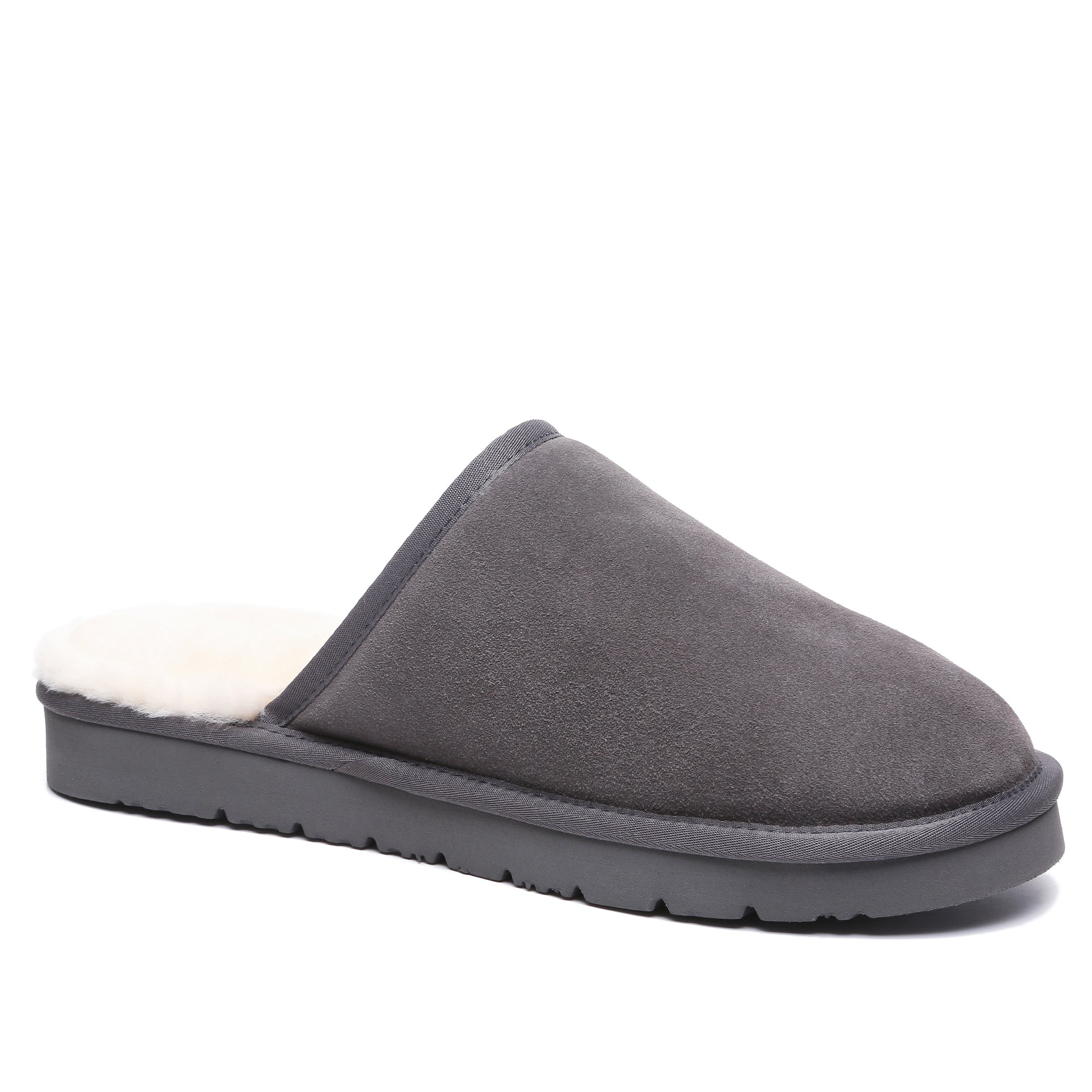 EverUgg men's grey slippers with ultra comfort soles, featuring soft fabric and cushioned design for cozy indoor wear.