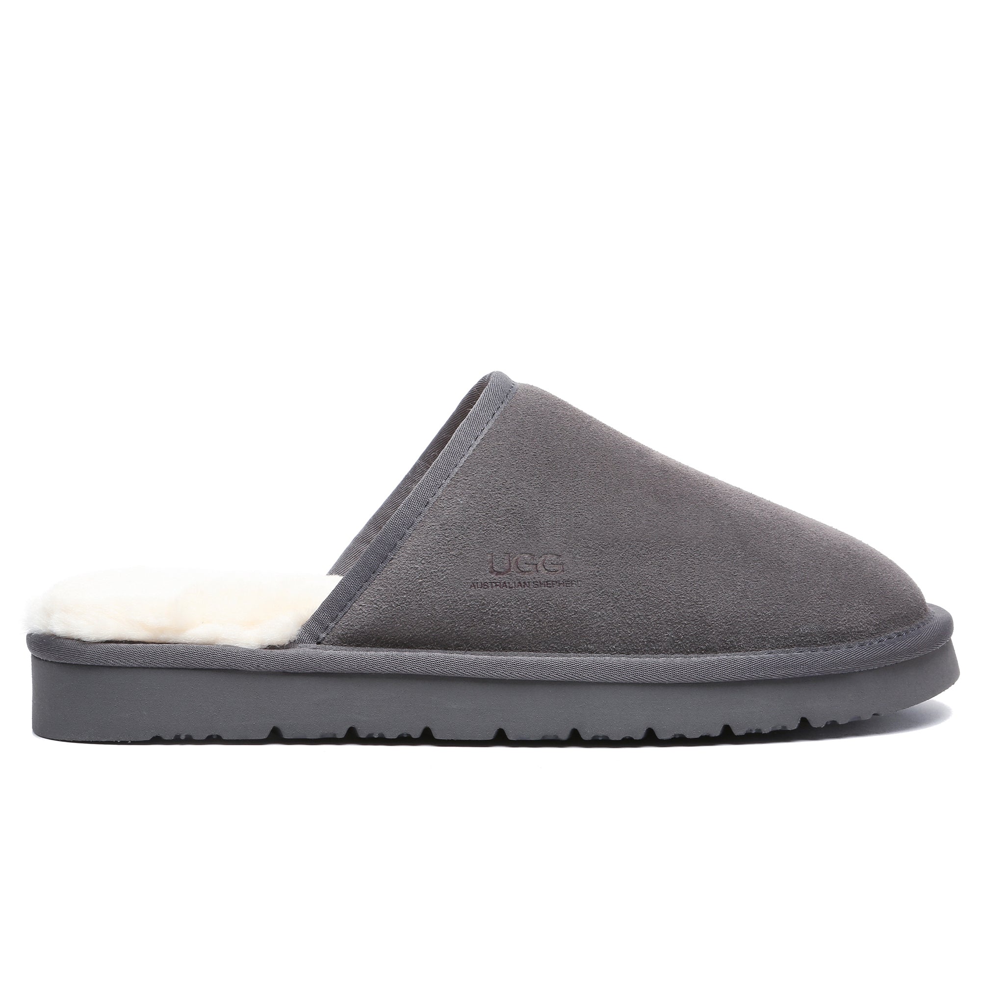 EverUgg men's grey slippers with ultra comfort sole, soft fabric interior, and casual slip-on design for relaxed indoor wear.