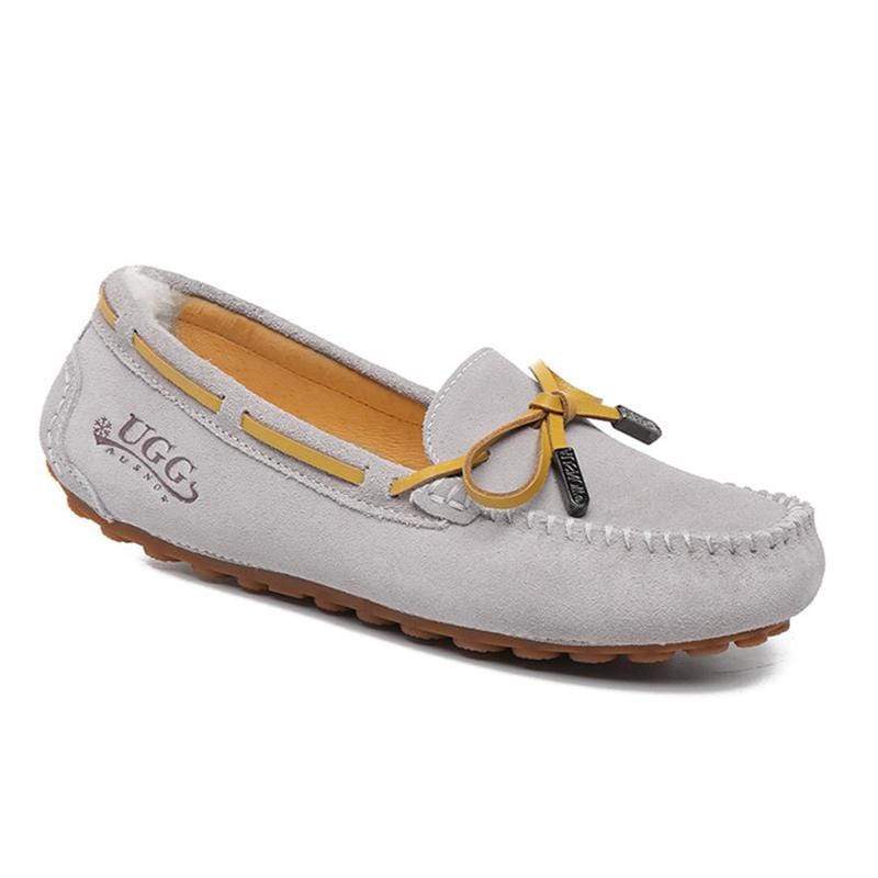 Grey UGG Ozsnow Moccasin Slippers for women and men, cozy slip-on shoes with plush lining by AuSnow.