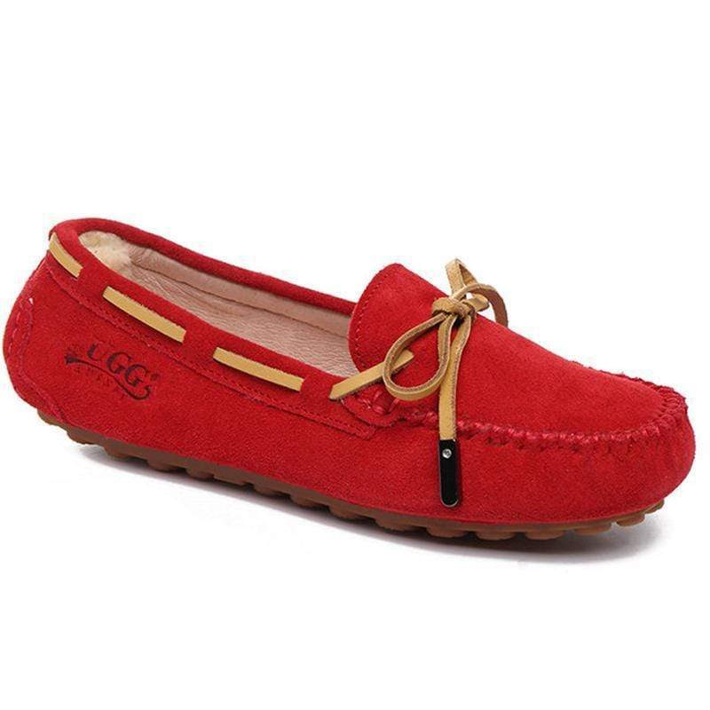 Red UGG Ozsnow Moccasin Slippers for women and men, cozy slip-on shoes with plush lining, stylish and comfortable indoor footwear.