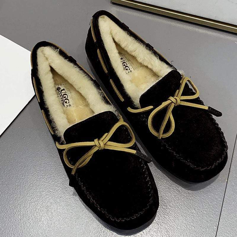 AuSnow UGG Ozsnow Premium Moccasin slippers for women with soft suede exterior and cozy shearling lining.
