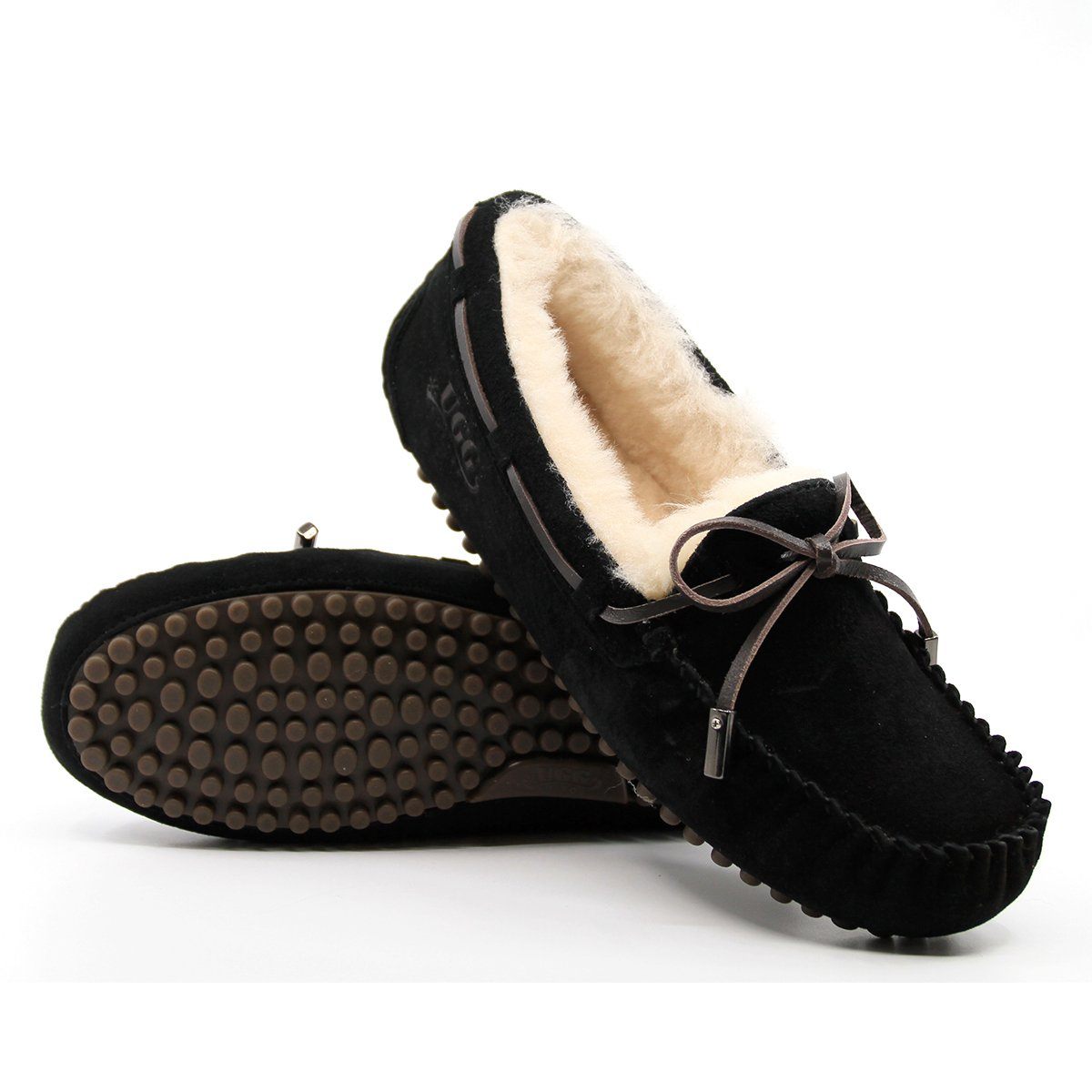 AuSnow UGG Ozsnow Premium Moccasin slippers for women, cozy leather slip-ons with plush lining and stylish design.