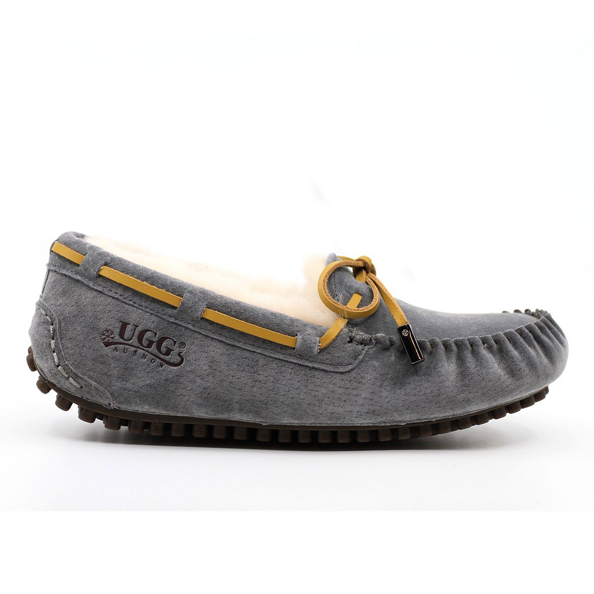 Grey UGG Ozsnow Premium Moccasin slippers for women and men, featuring soft material and comfortable slip-on design.