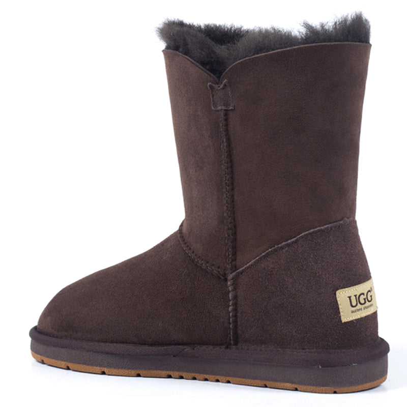 A pair of Auzland UGG Premium Short 1-Button Classic Boots in chocolate brown leather for women, featuring a cozy sheepskin lining.