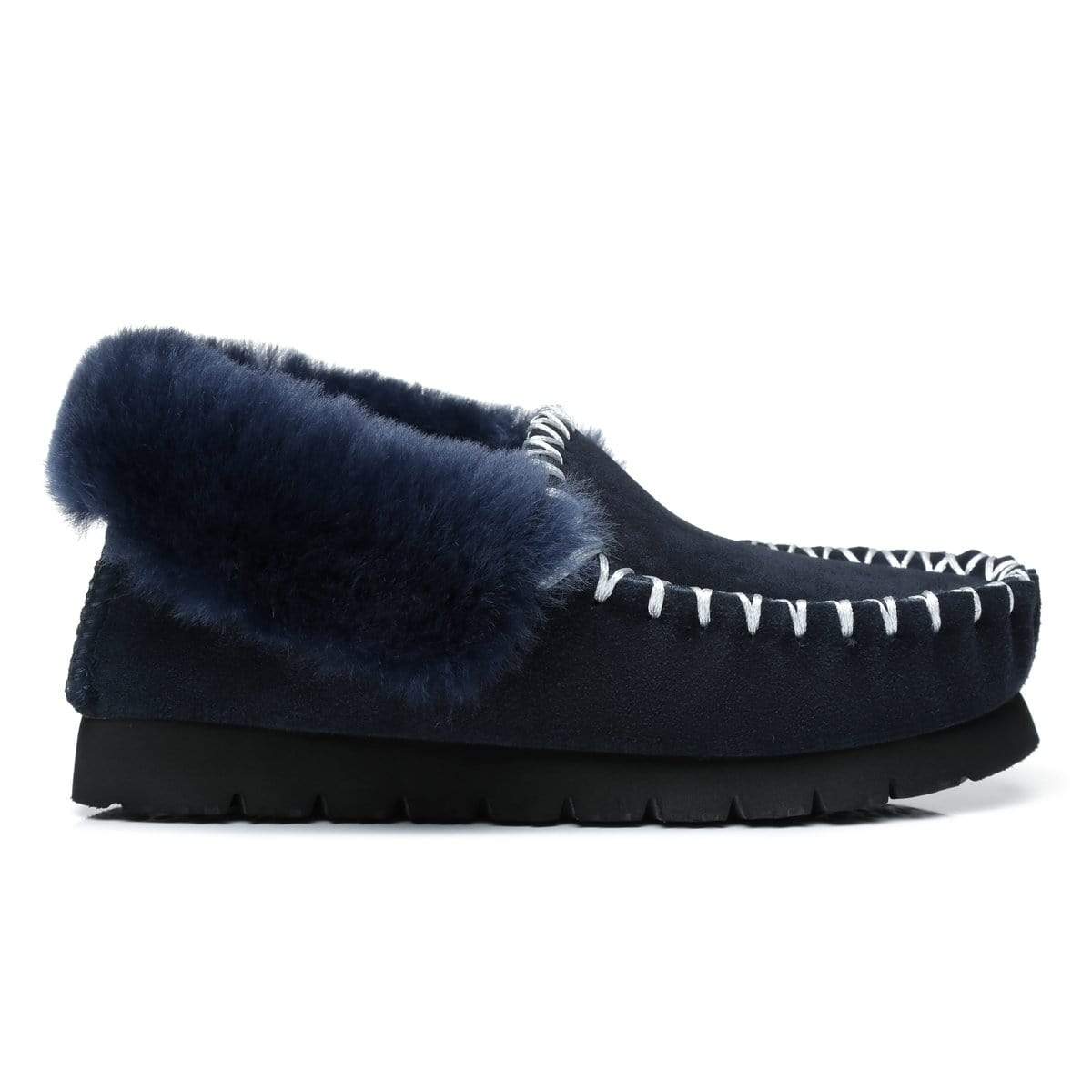 EverUgg navy blue premium traditional moccasin for women and men, featuring soft slippers with a cozy, slip-on design.