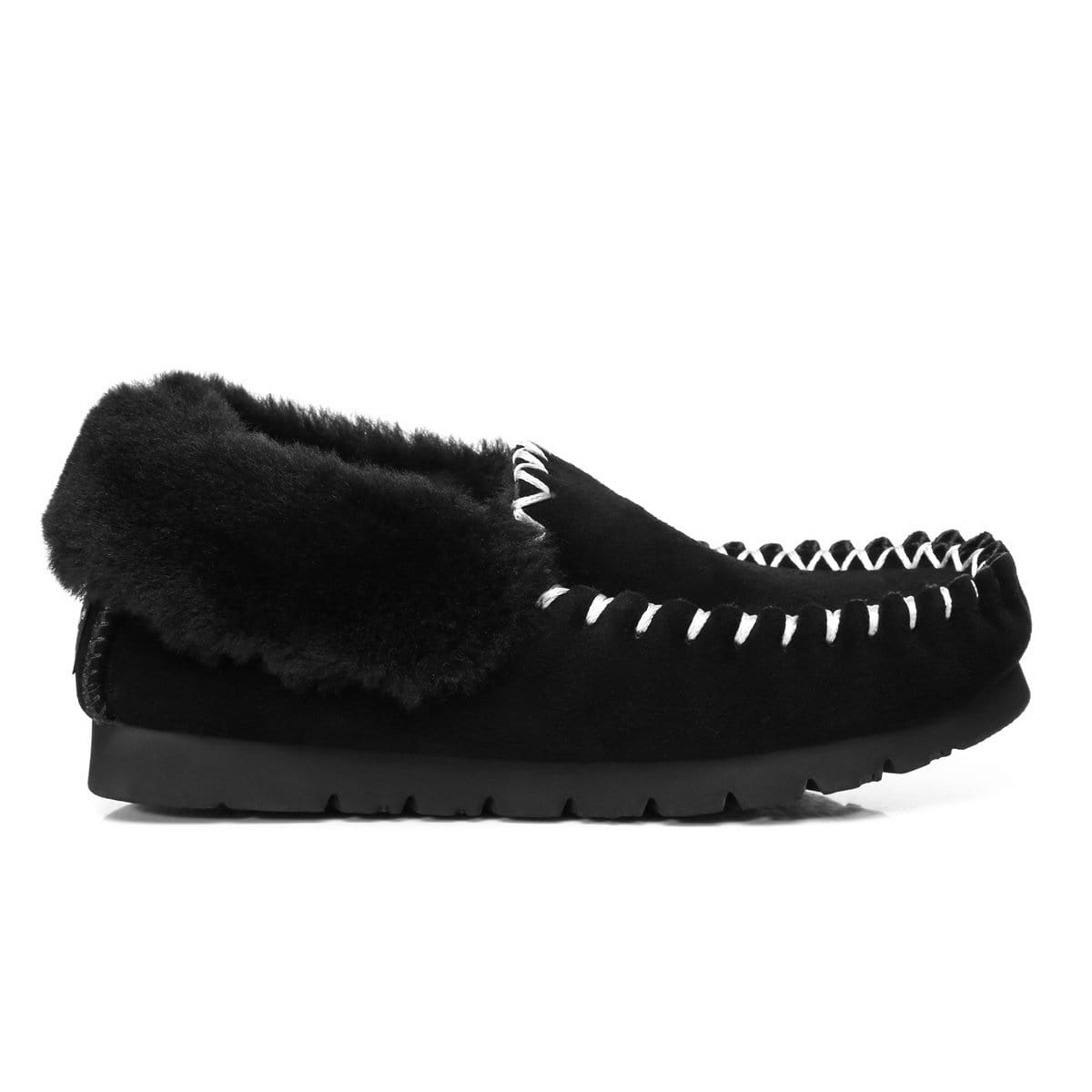 EverUgg black UGG premium traditional moccasin slippers for women and men, showcasing soft leather and plush inner lining.