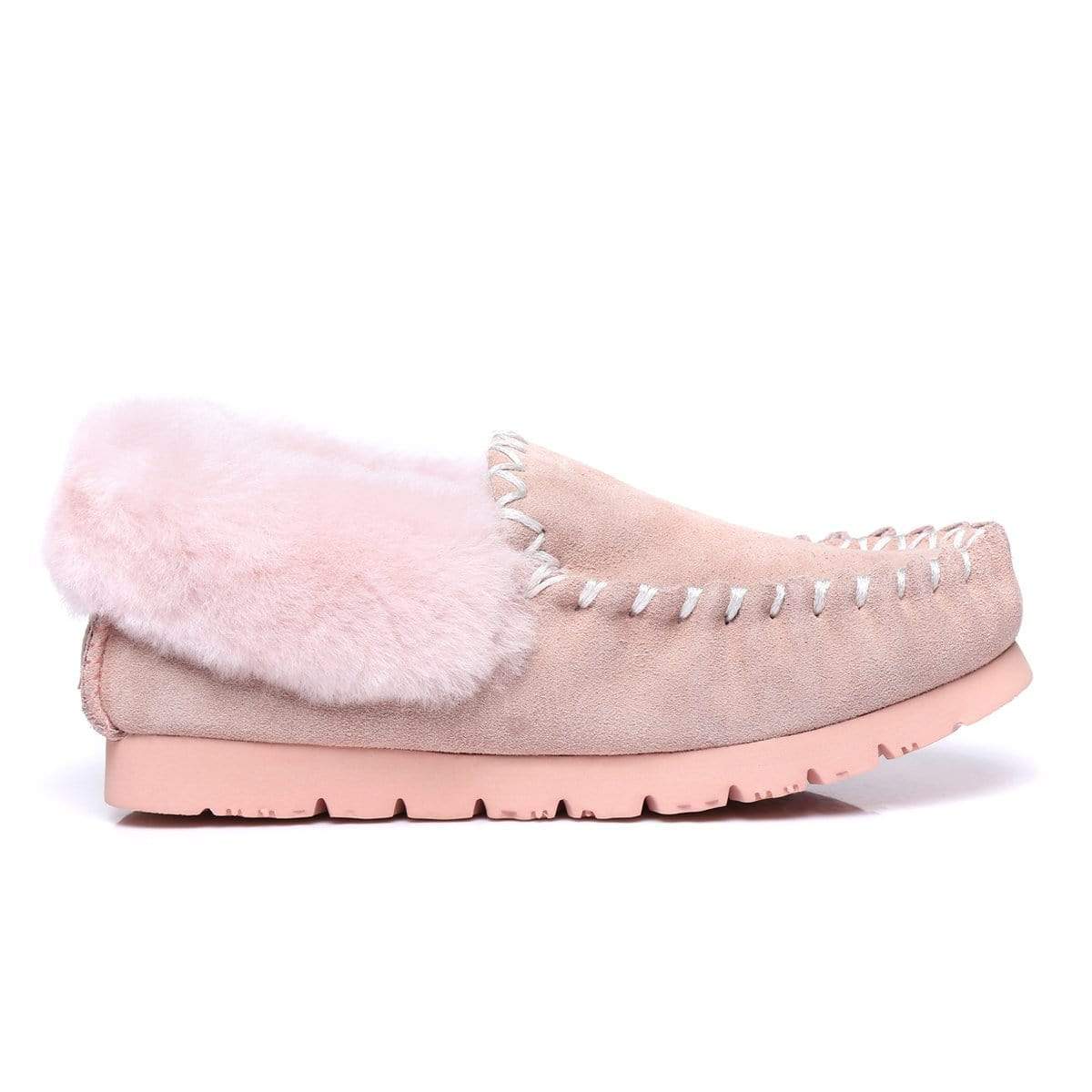 EverUgg pink traditional moccasin slippers for women and men, featuring soft leather and classic slip-on design.