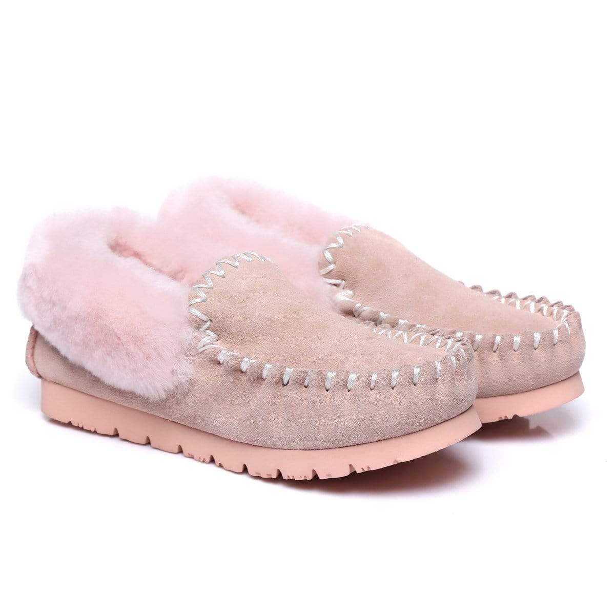 EverUgg UGG Premium Traditional Moccasin for women, showing soft leather slippers with stitching and a cozy interior.