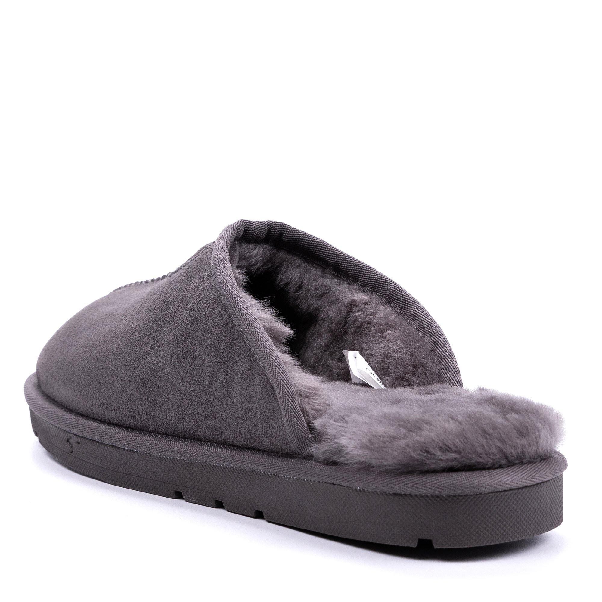 Grey UGG Roozee men’s scuff slippers with plush interior and slip-on design, ideal for comfortable casual wear.