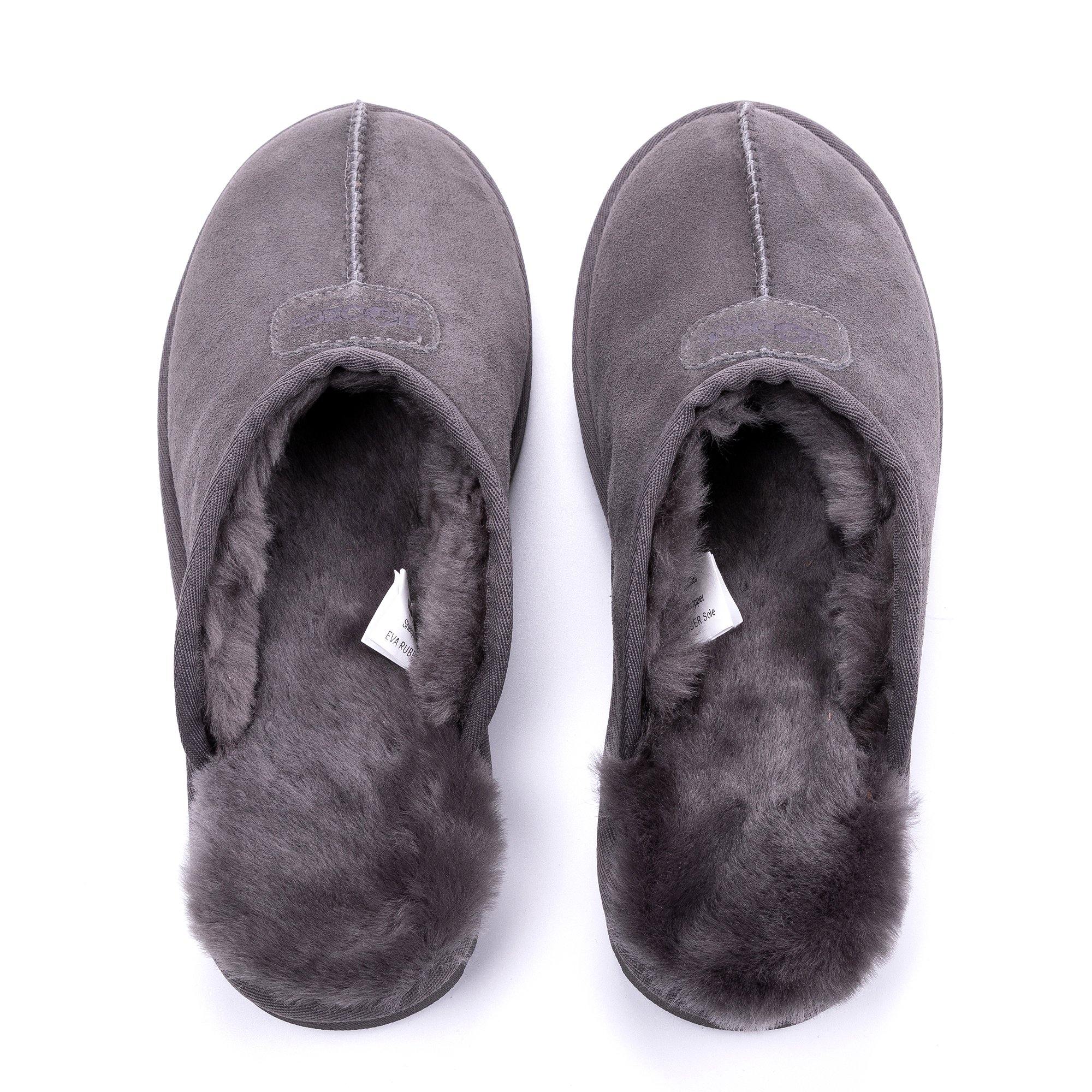 Grey UGG Roozee men's scuff slippers with soft material and open-toe design, perfect for comfortable indoor wear.